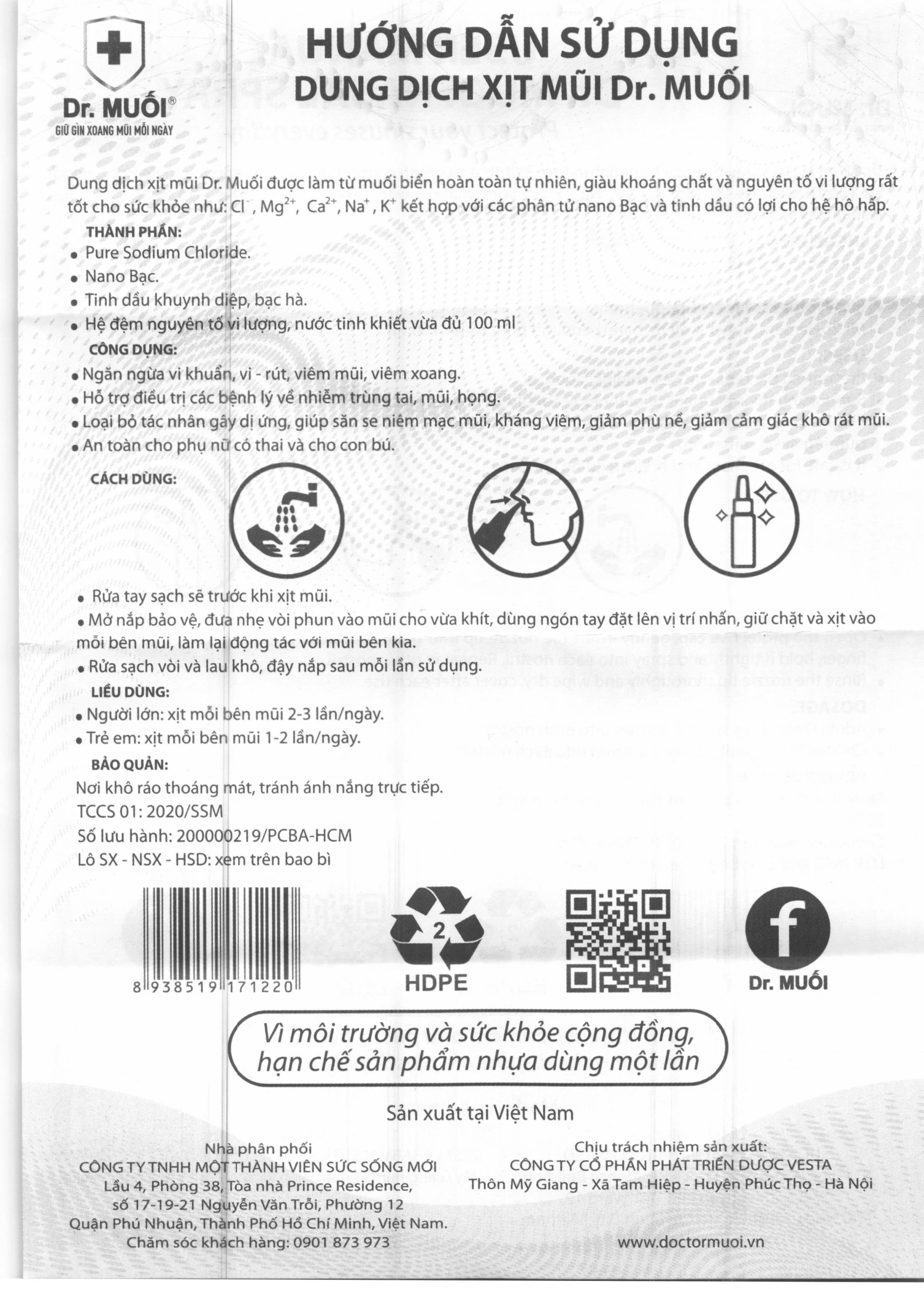 Xịt mũi Dr.Muối 100ml giúp ngăn ngừa virus, viêm mũi, viêm xoang, viêm tai mũi họng