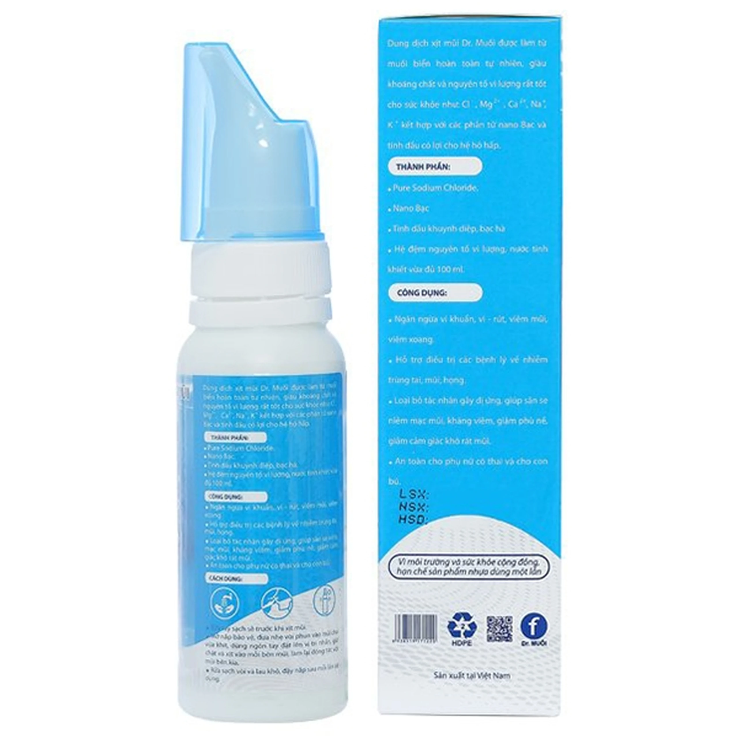 Xịt mũi Dr.Muối 100ml giúp ngăn ngừa virus, viêm mũi, viêm xoang, viêm tai mũi họng