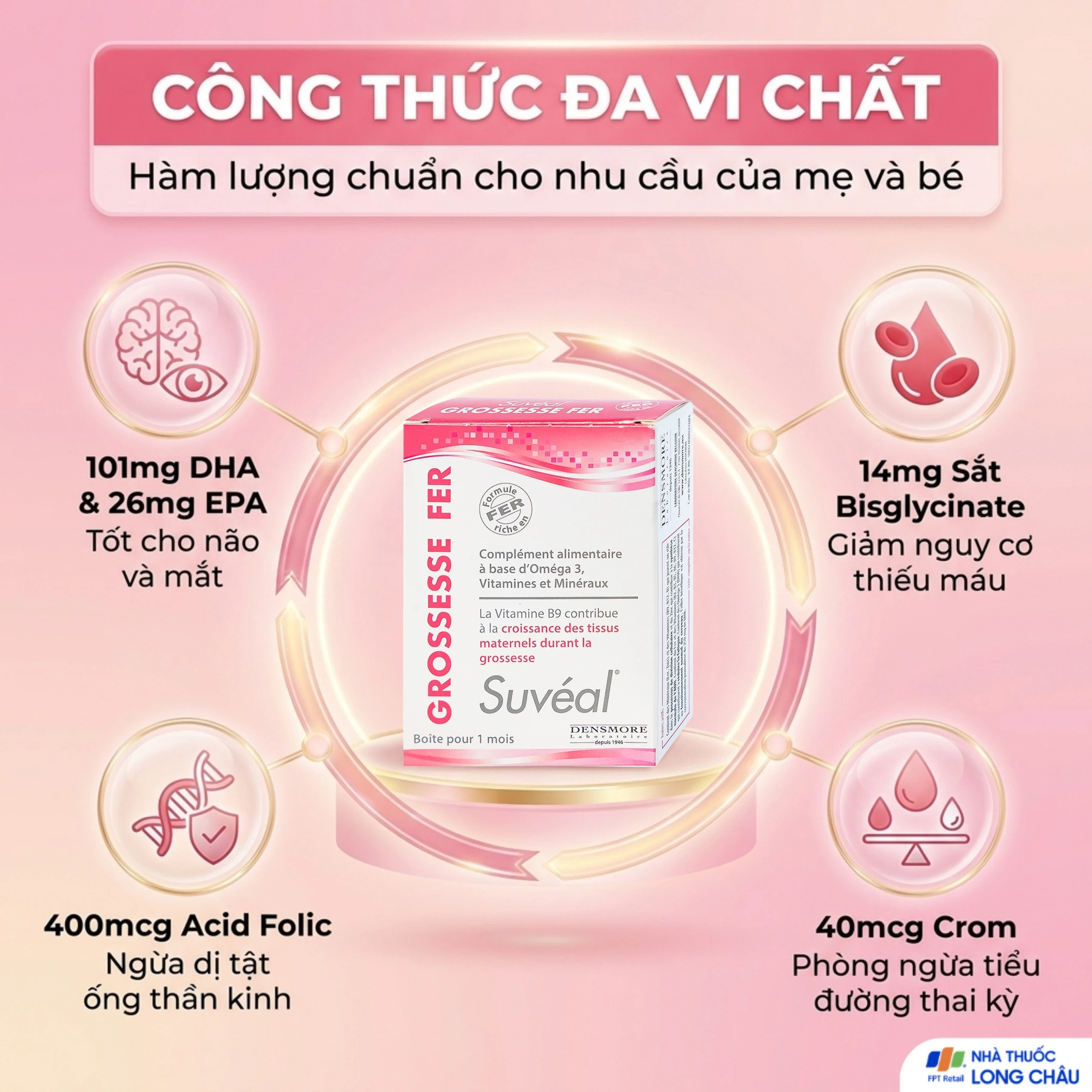 Viên uống Suvéal Grossesse Fer Densmore bổ sung Omega 3, DHA, Vitamin, khoáng chất (2 vỉ x 15 viên) 3
