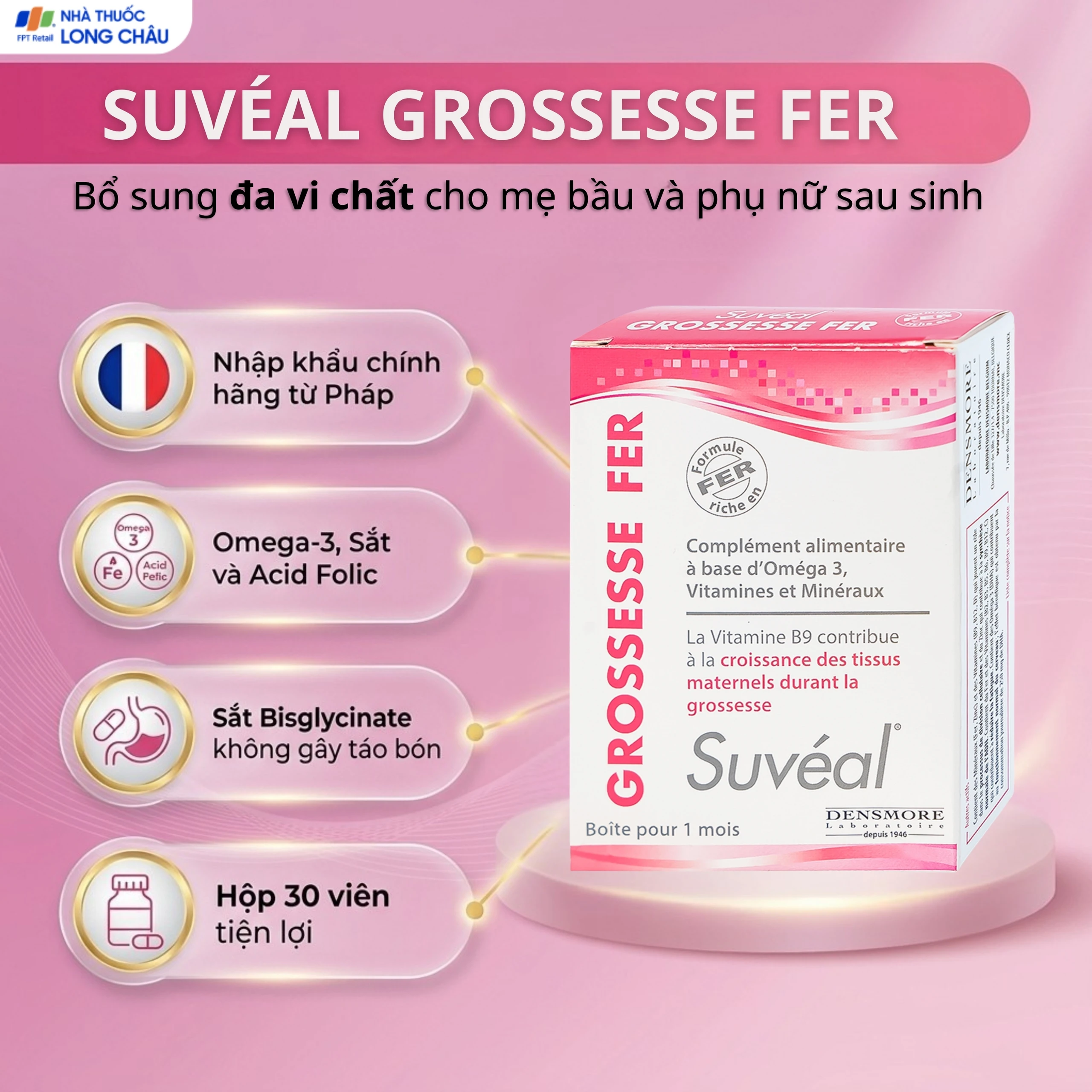 Viên uống Suvéal Grossesse Fer Densmore bổ sung Omega 3, DHA, Vitamin, khoáng chất (2 vỉ x 15 viên) 2