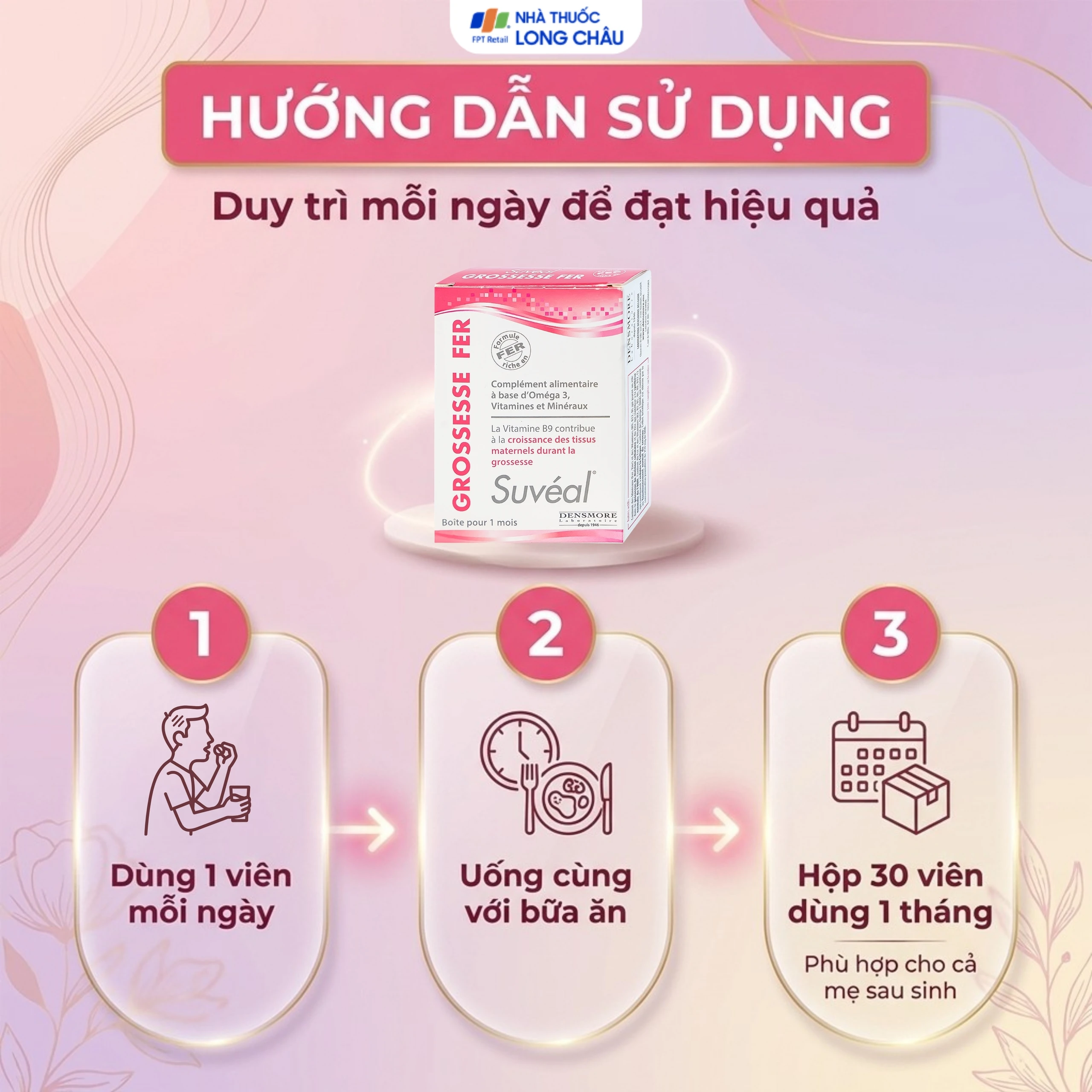 Viên uống Suvéal Grossesse Fer Densmore bổ sung Omega 3, DHA, Vitamin, khoáng chất (2 vỉ x 15 viên) 5