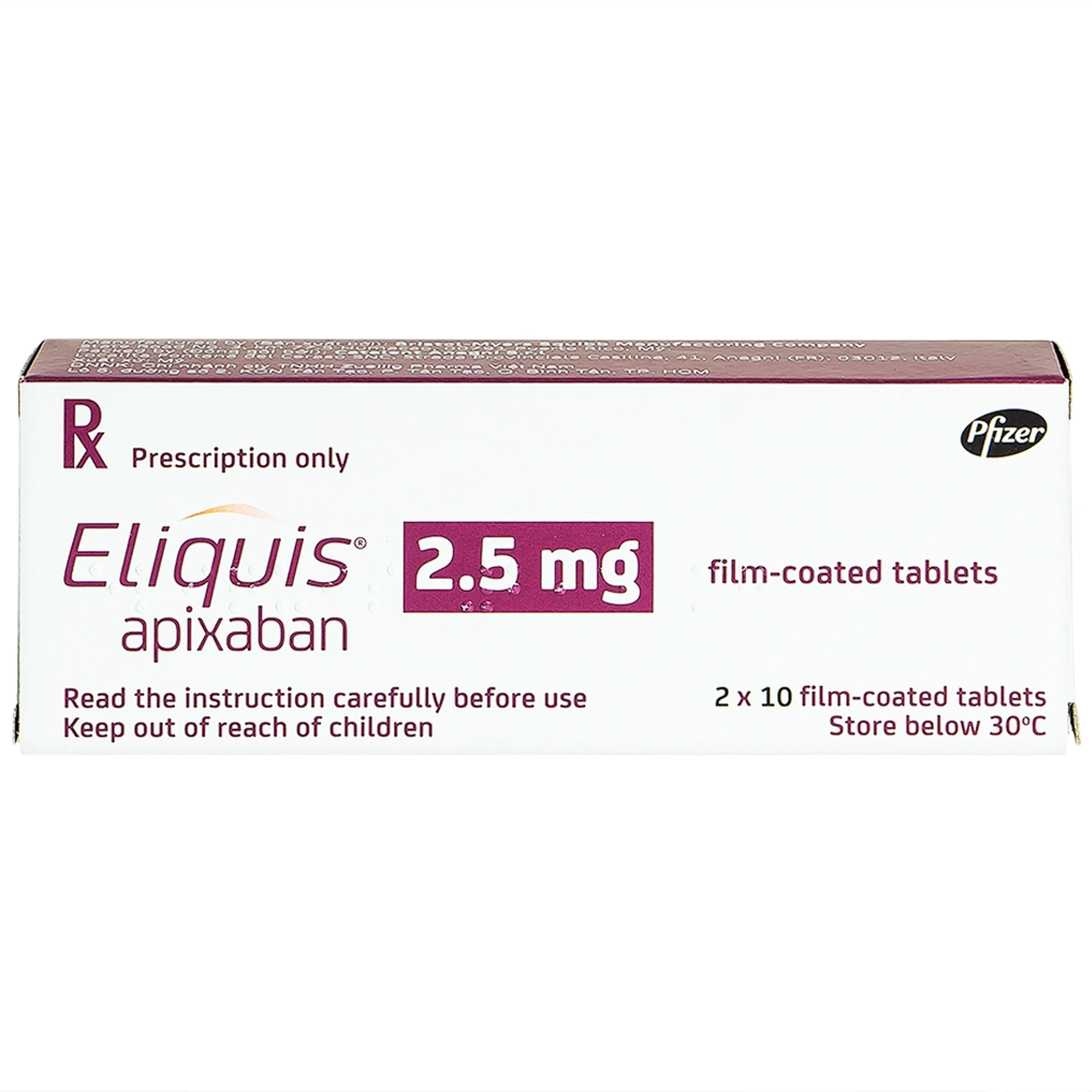 Thuốc Eliquis 2.5mg Pfizer phòng ngừa biến cố thuyên tắc huyết khối tĩnh mạch, đột quỵ (20 viên)