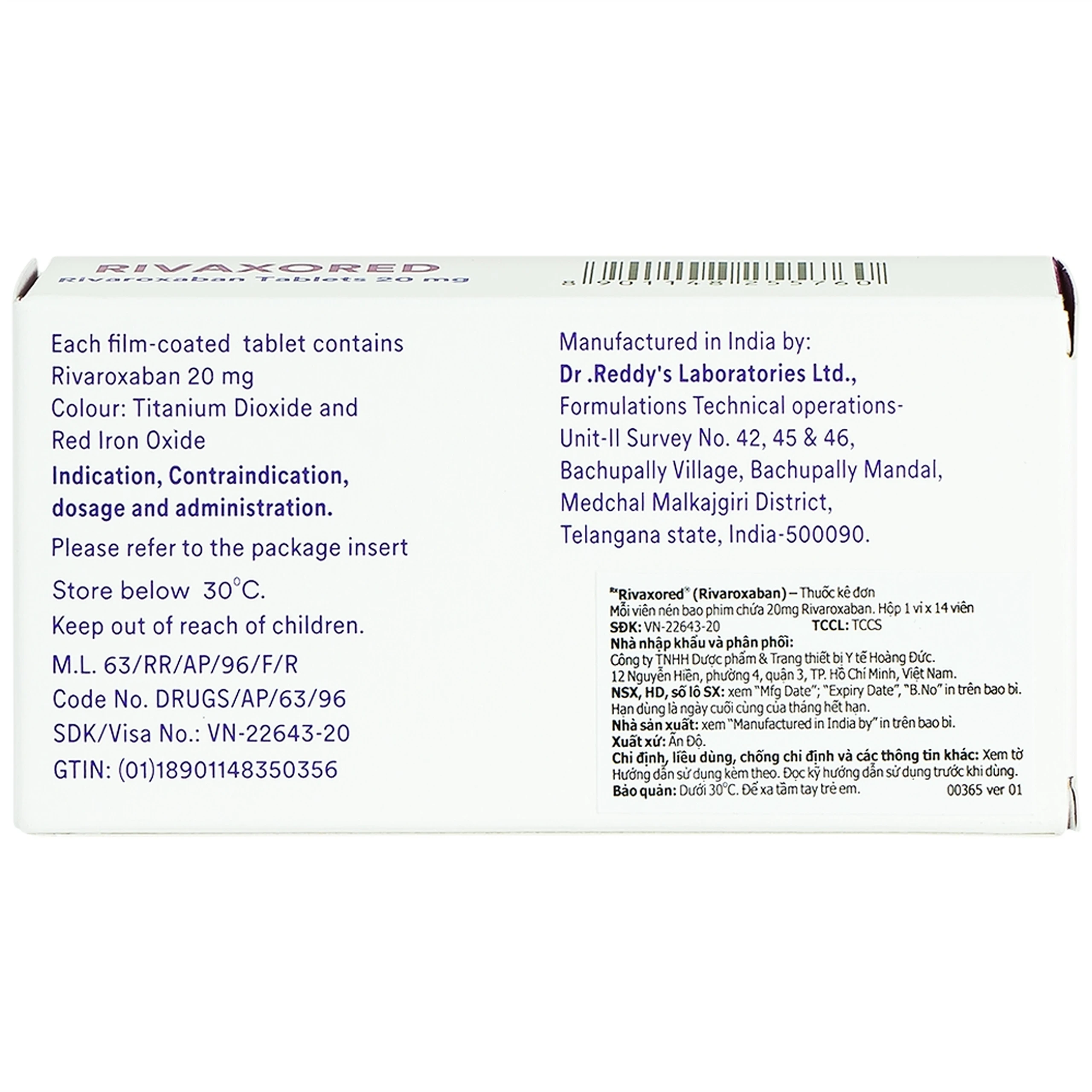 Thuốc Rivaxored 20mg Dr.Reddy's phòng ngừa thuyên tắc huyết khối tĩnh mạch (1 vỉ x 14 viên)