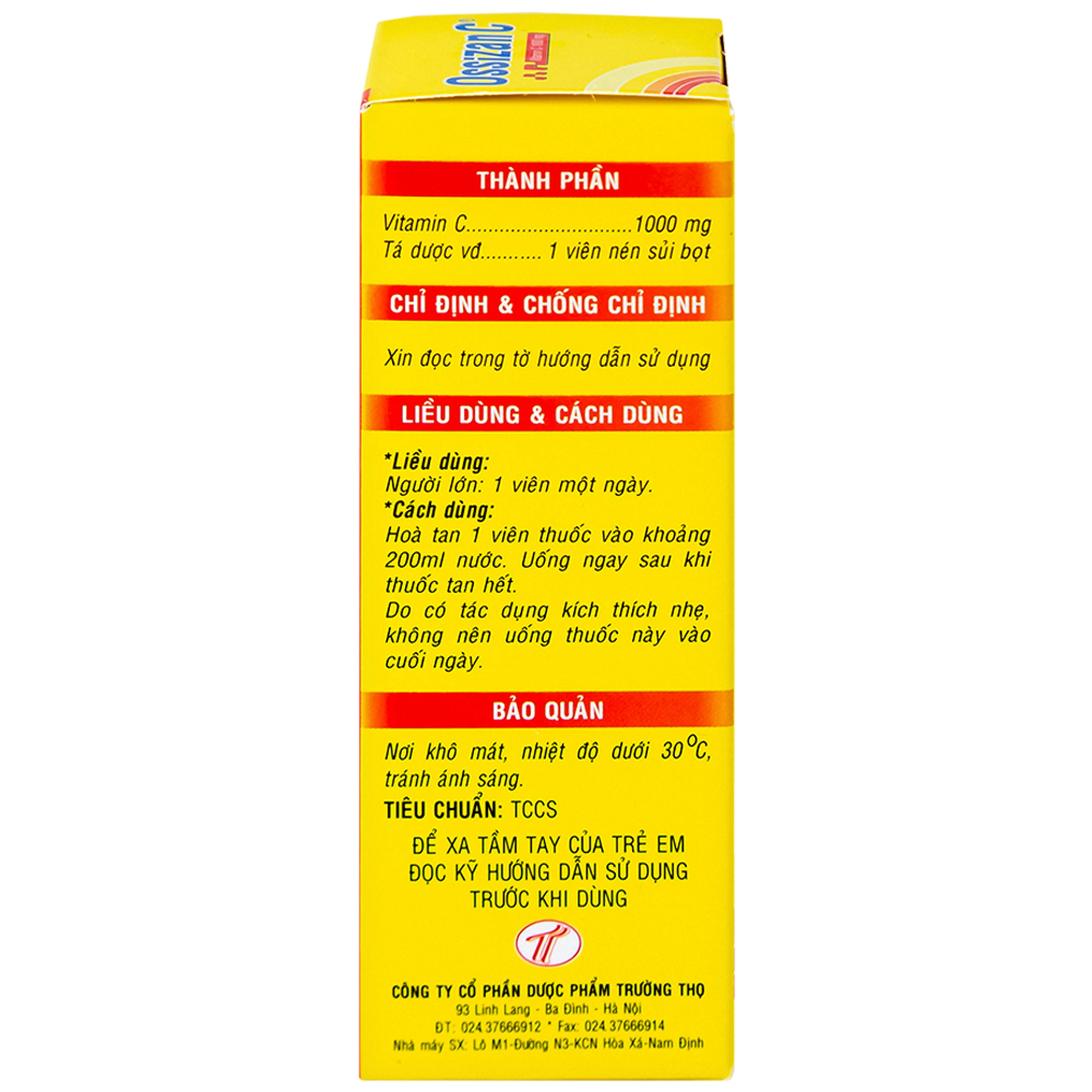 Viên sủi Ossizan C 1000mg Trường Thọ điều trị thiếu hụt vitamin C (10 viên)