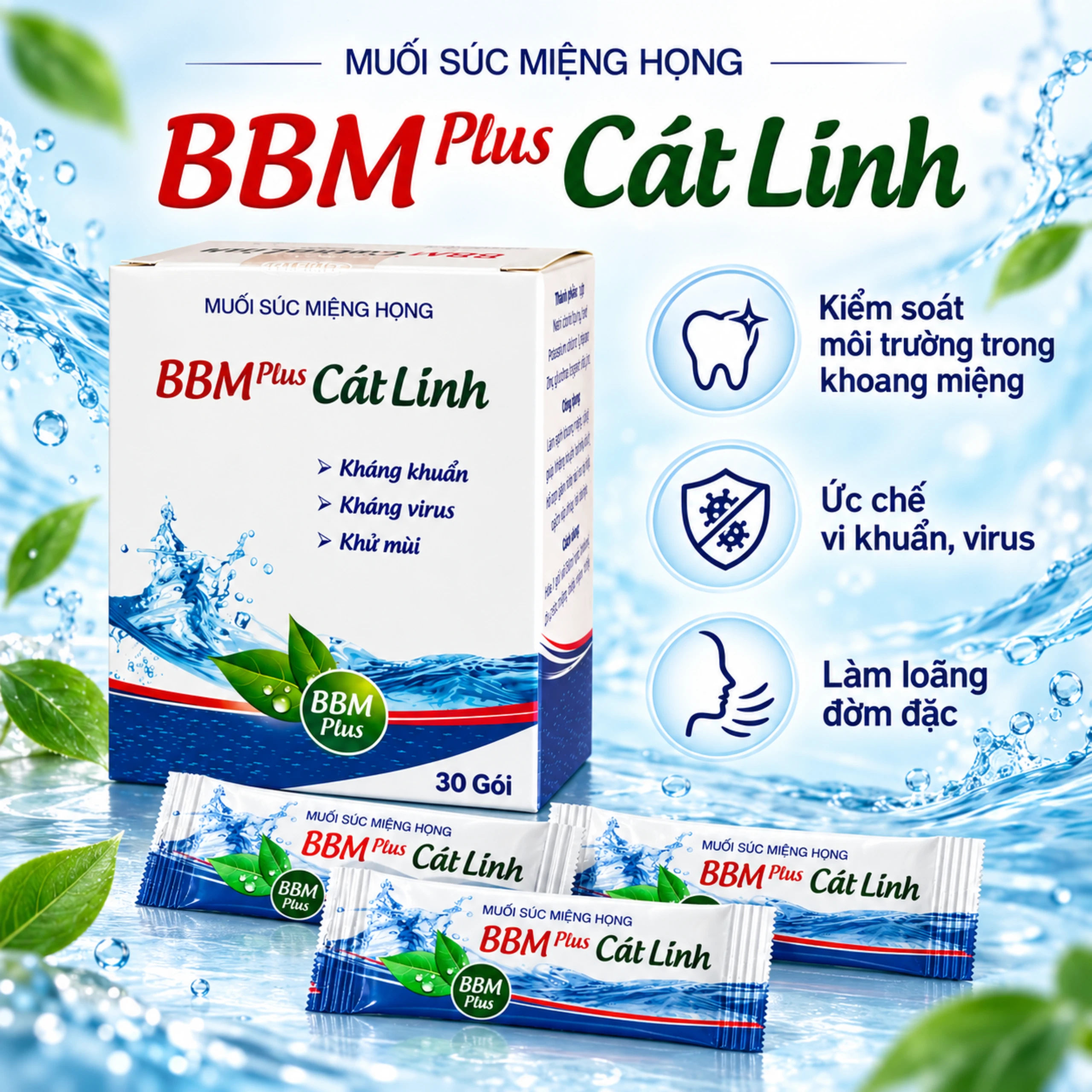 Muối súc miệng BBM Plus Cát Linh (30 gói) làm sạch, kháng khuẩn, kháng virus, khử mùi, giảm đau rát miệng họng 2