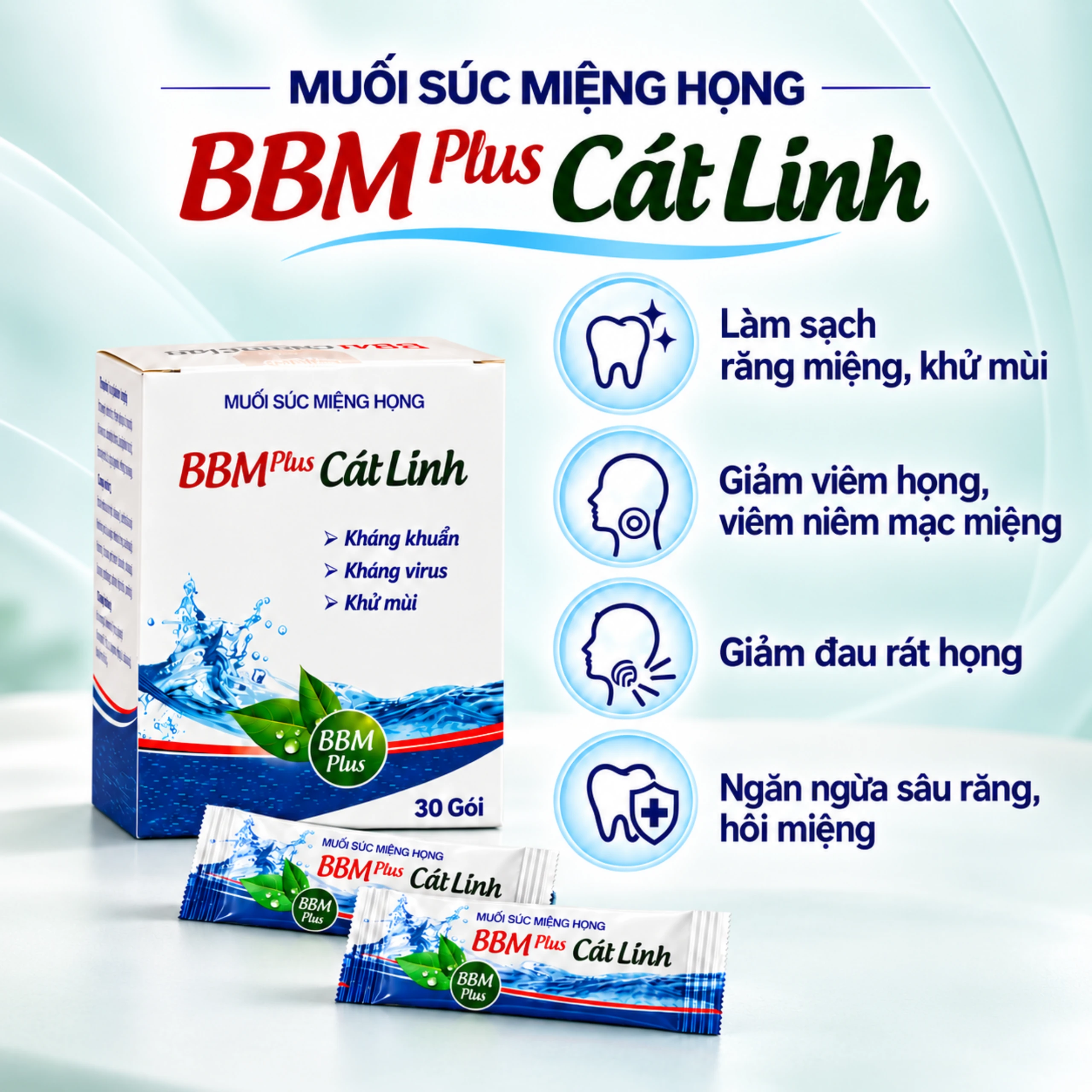 Muối súc miệng BBM Plus Cát Linh (30 gói) làm sạch, kháng khuẩn, kháng virus, khử mùi, giảm đau rát miệng họng 3