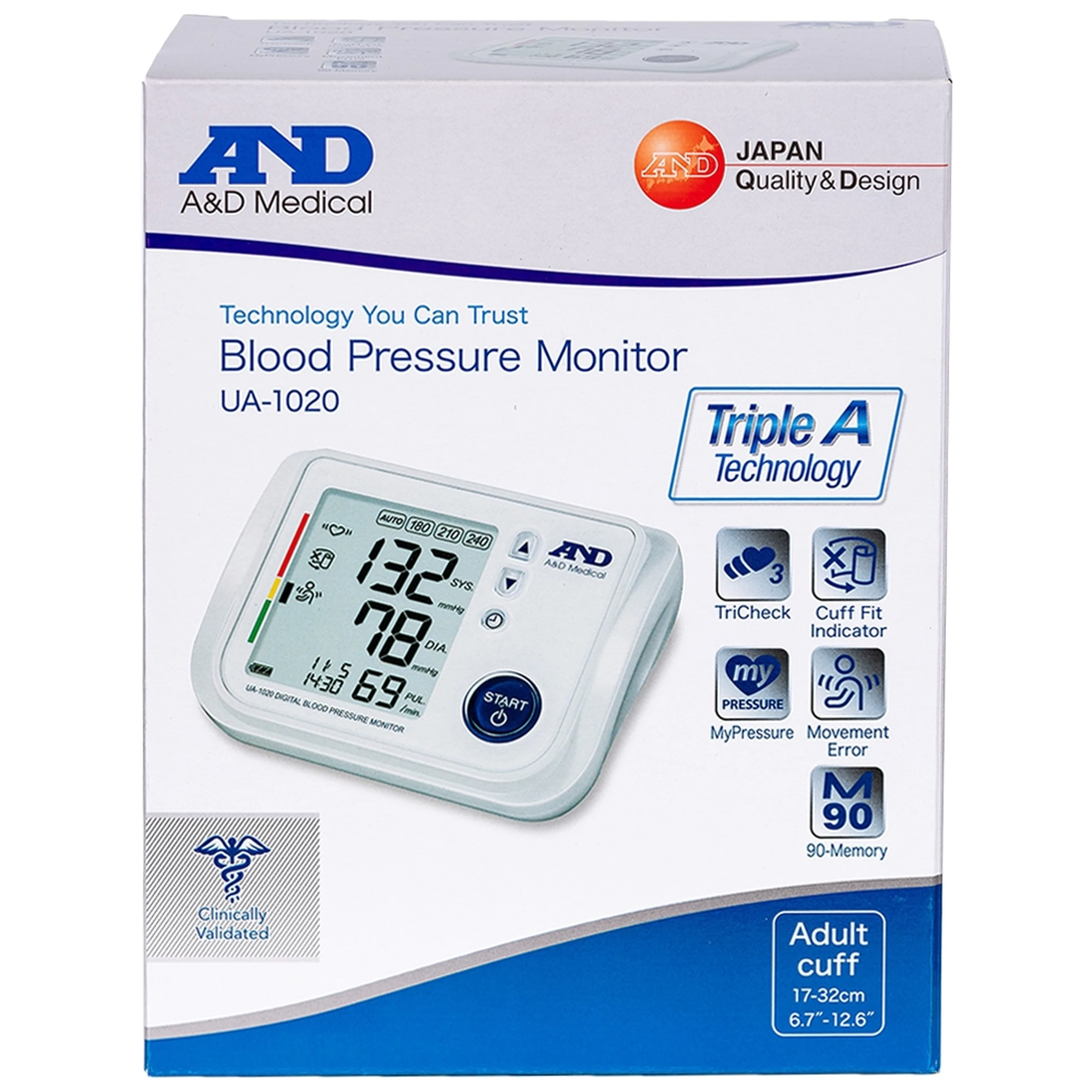 Máy đo huyết áp bắp tay AND UA-1020 hỗ trợ đo huyết áp, nhịp tim