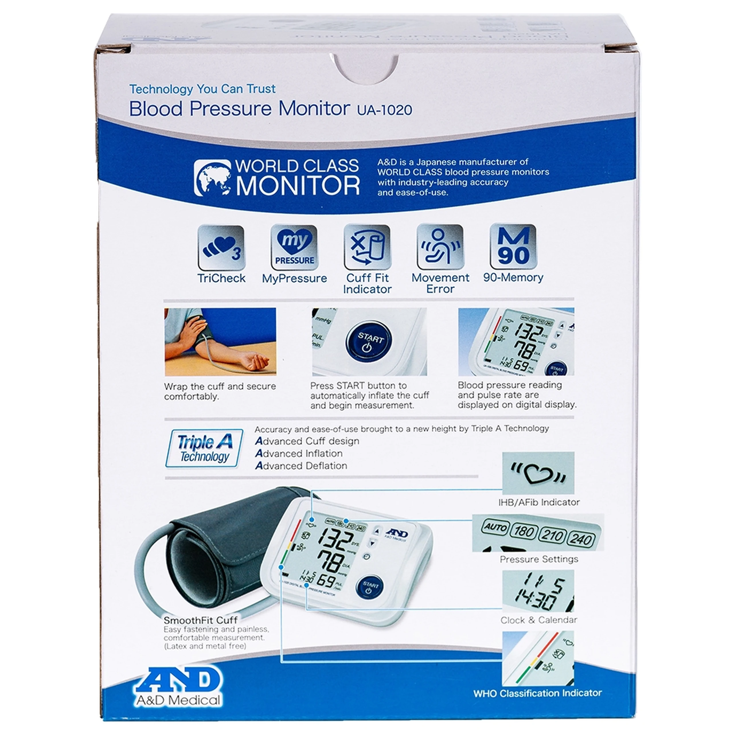 Máy đo huyết áp bắp tay AND UA-1020 hỗ trợ đo huyết áp, nhịp tim