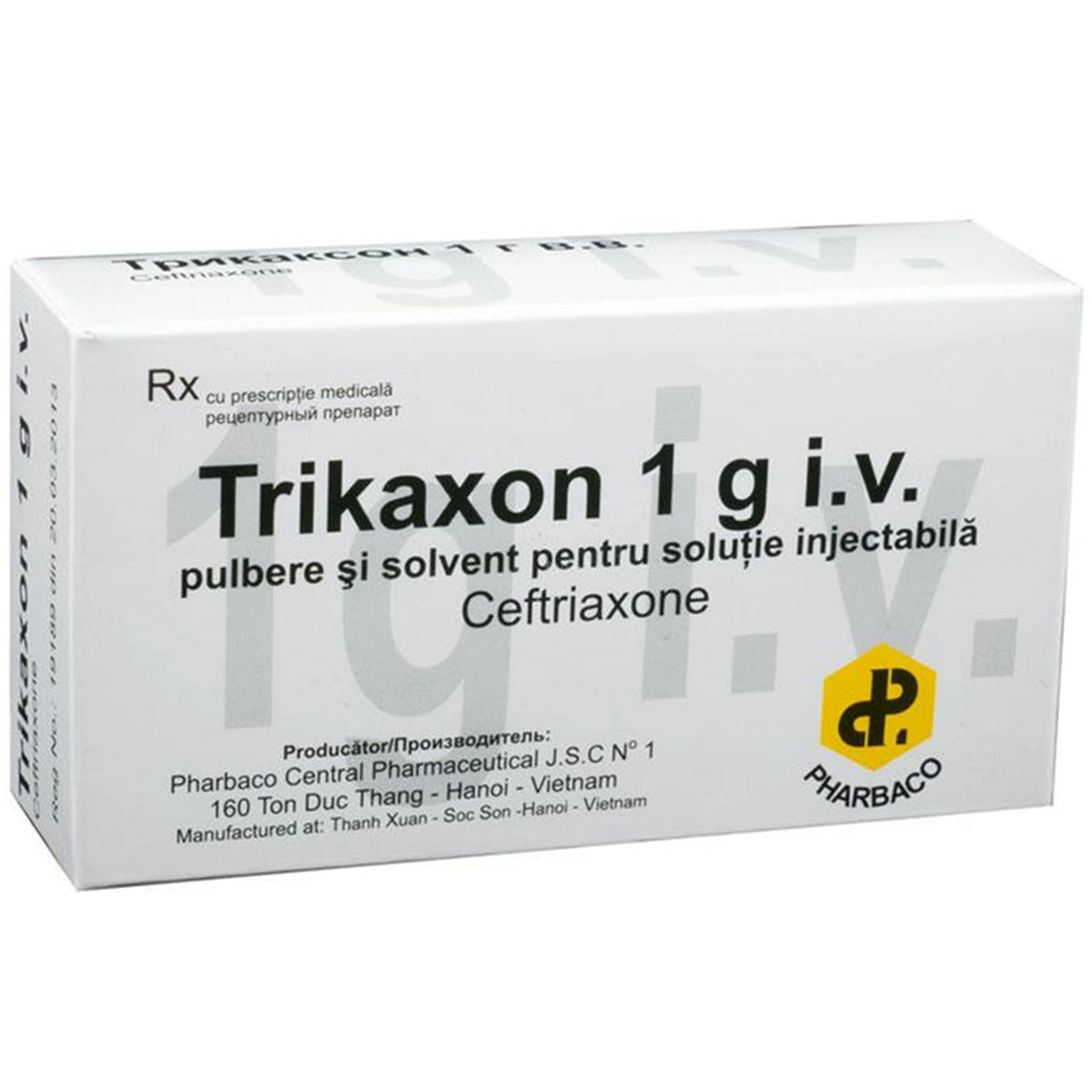 Bột pha tiêm Trikaxon 1g i.v. Ceftriaxon Pharbaco điều trị các bệnh nhiễm khuẩn nặng (10 lọ)