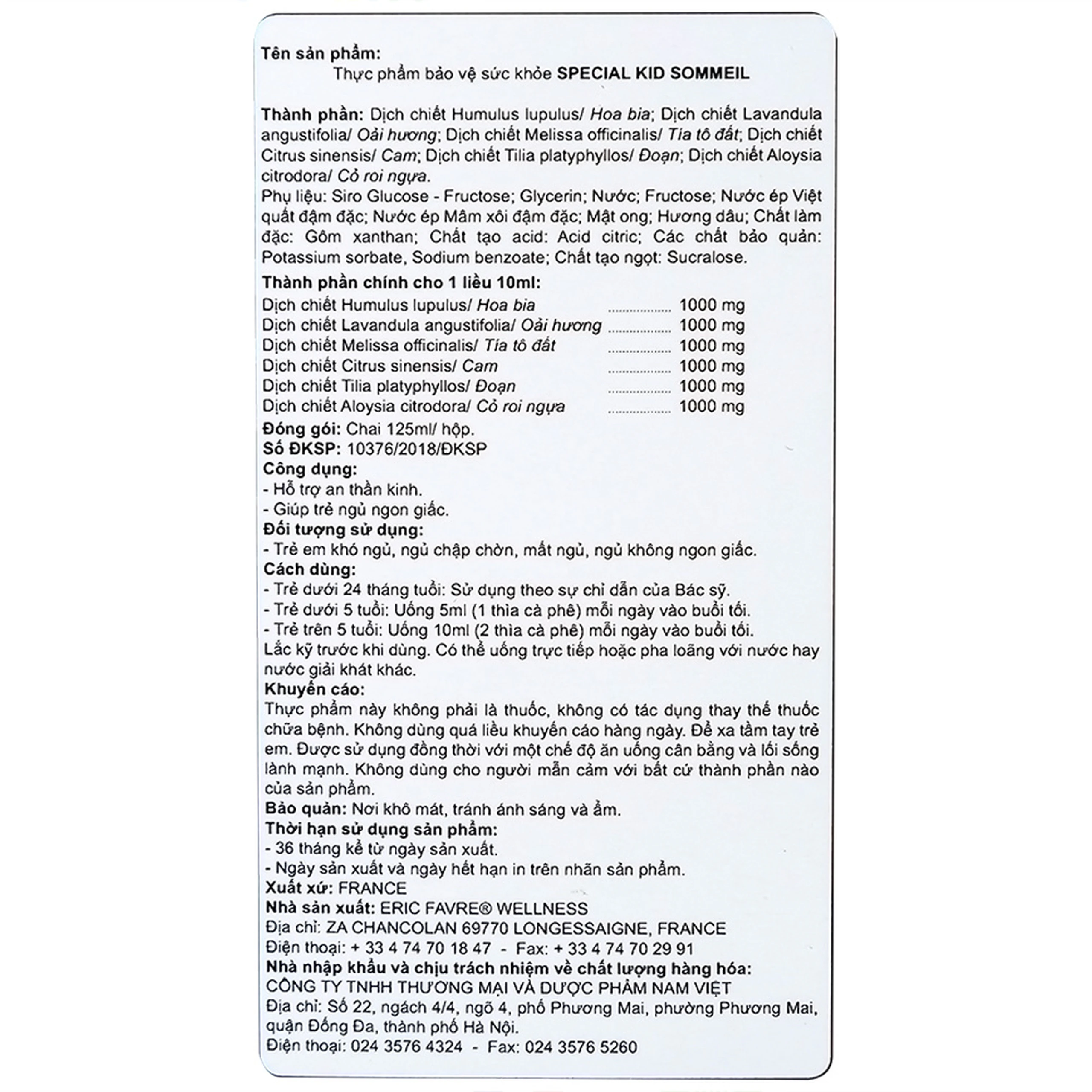 Siro hỗ trợ an thần kinh giúp trẻ ngủ ngon giấc Special Kid Sommeil hương dâu (125ml)