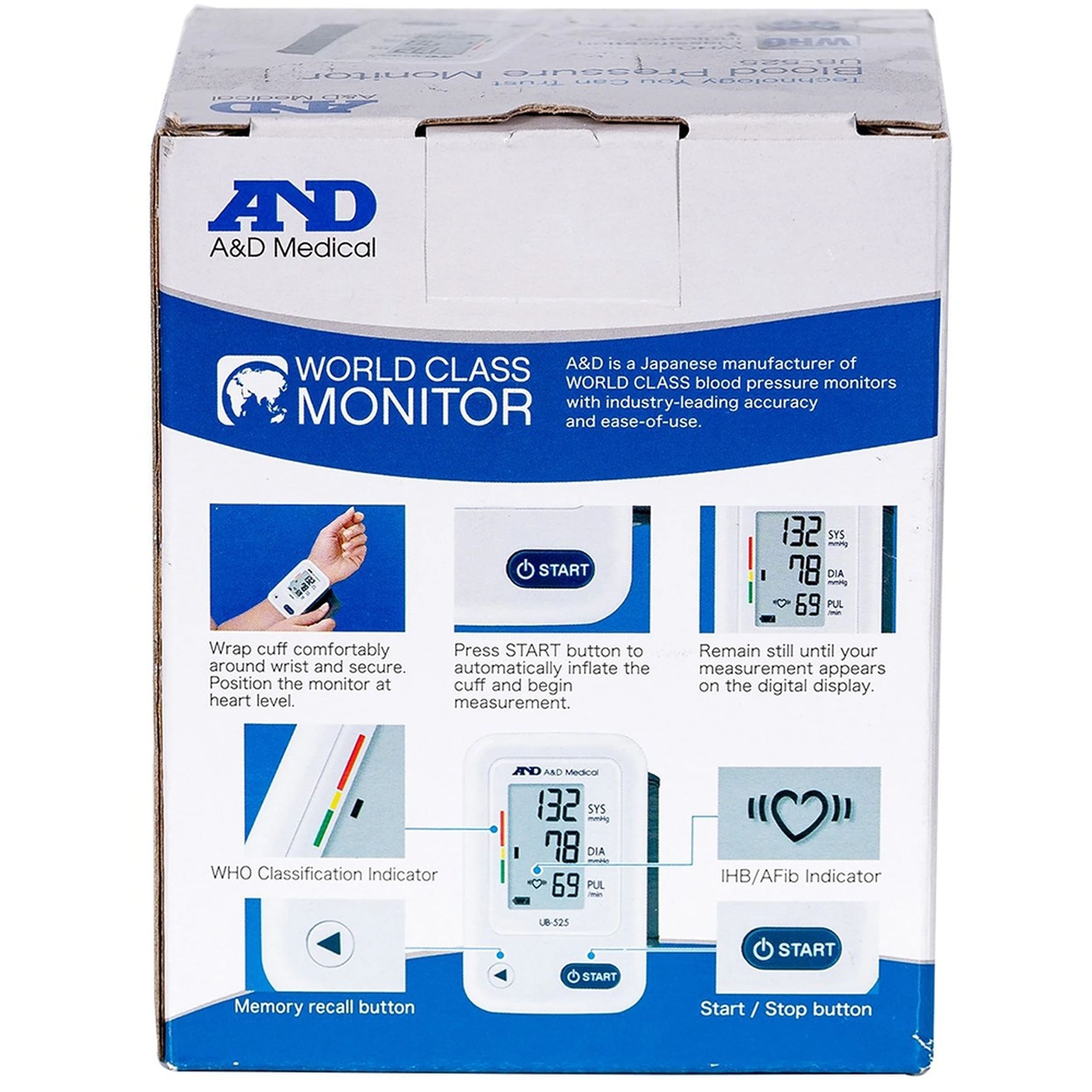 Máy đo huyết áp cổ tay AND UB-525 hỗ trợ đo huyết áp, nhịp tim