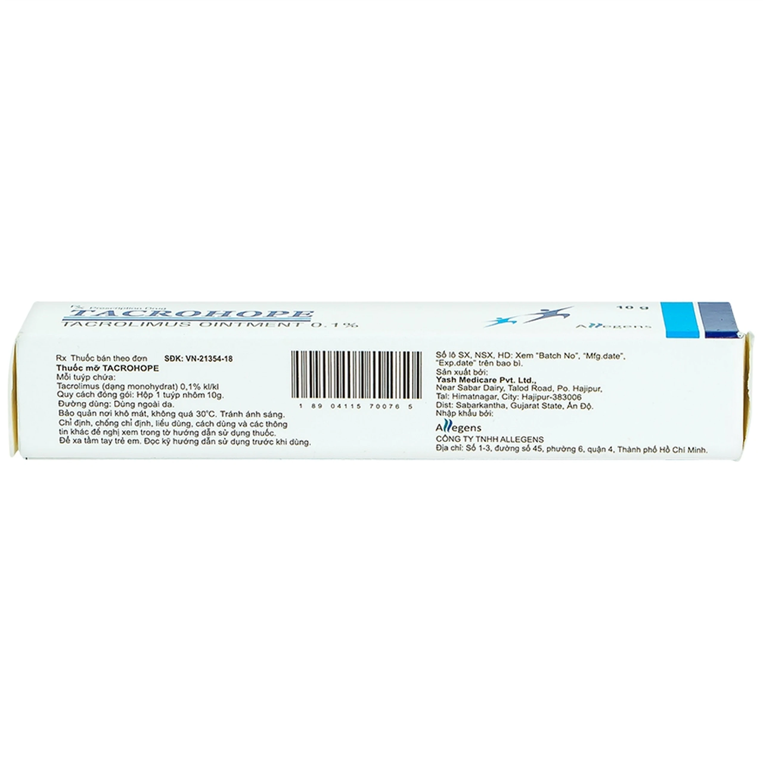 Thuốc mỡ Tacrohope Tacrolimus Ointment 0.1% Allegen điều trị viêm da dị ứng (10g)