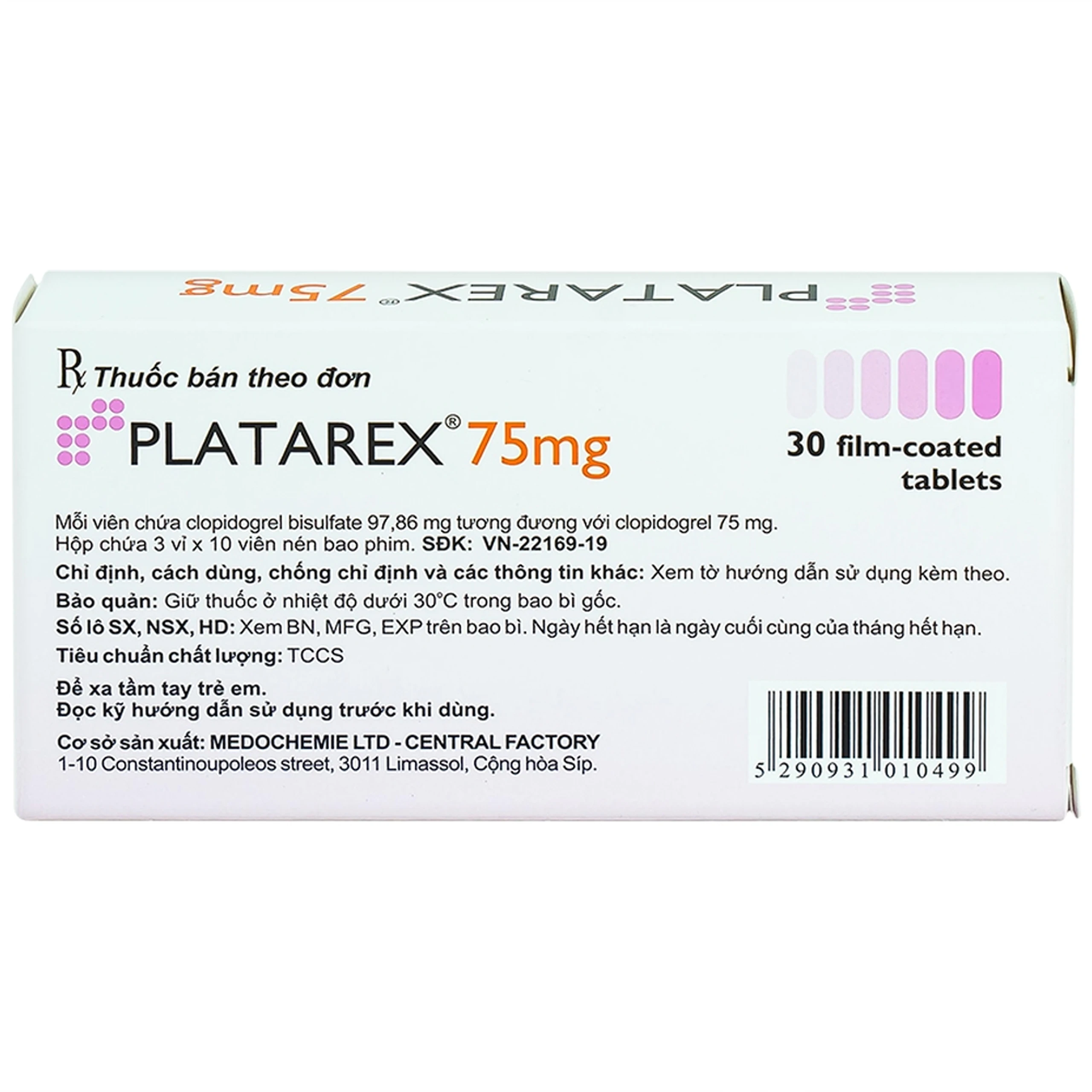 Viên nén Platarex 75mg Medochemie phòng ngừa các biến cố huyết khối động mạch (3 vỉ x 10 viên)
