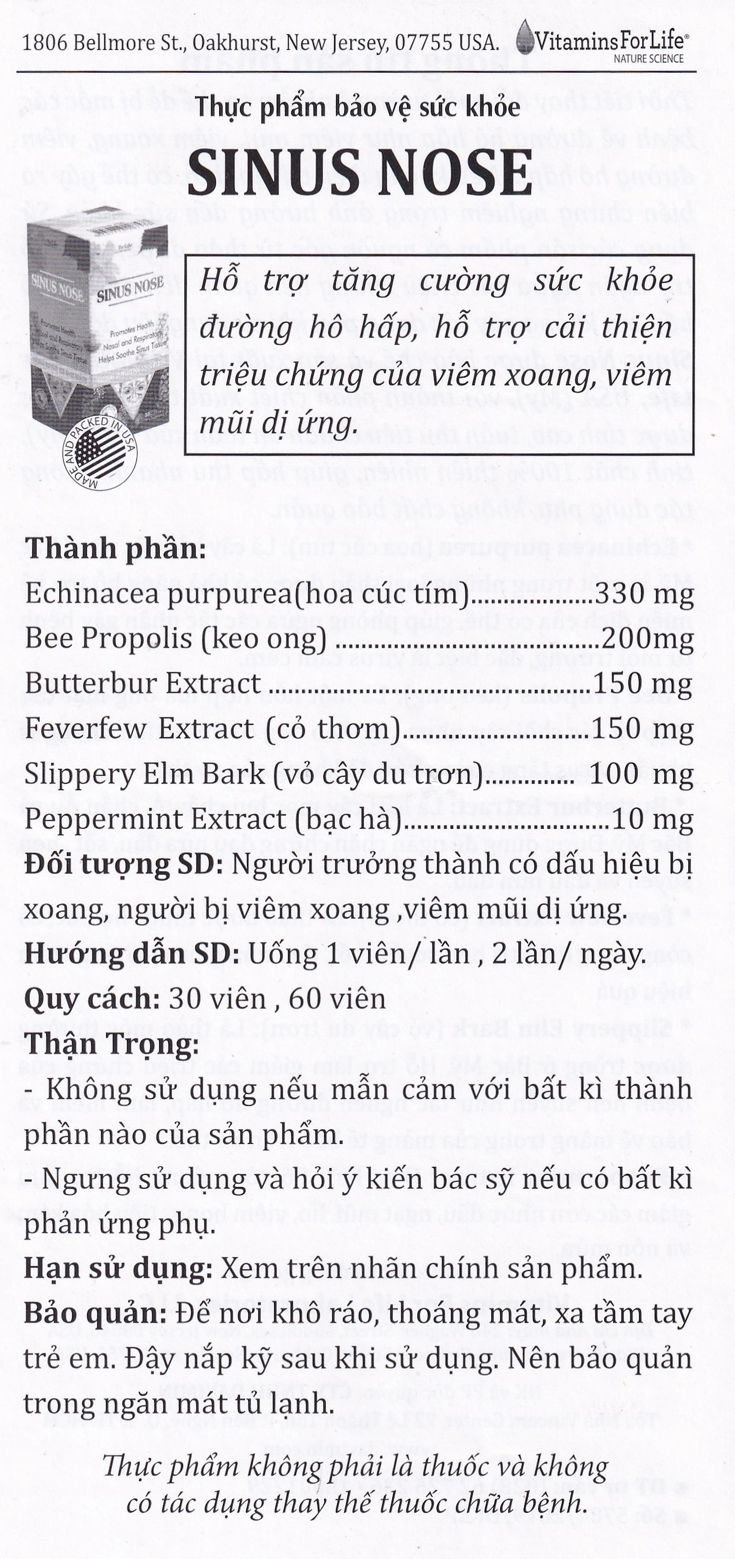 Viên uống hỗ trợ cải thiện viêm xoang, viêm mũi dị ứng, tăng cường sức khỏe đường hô hấp Sinus Nose Vitamins For Life (60 viên)