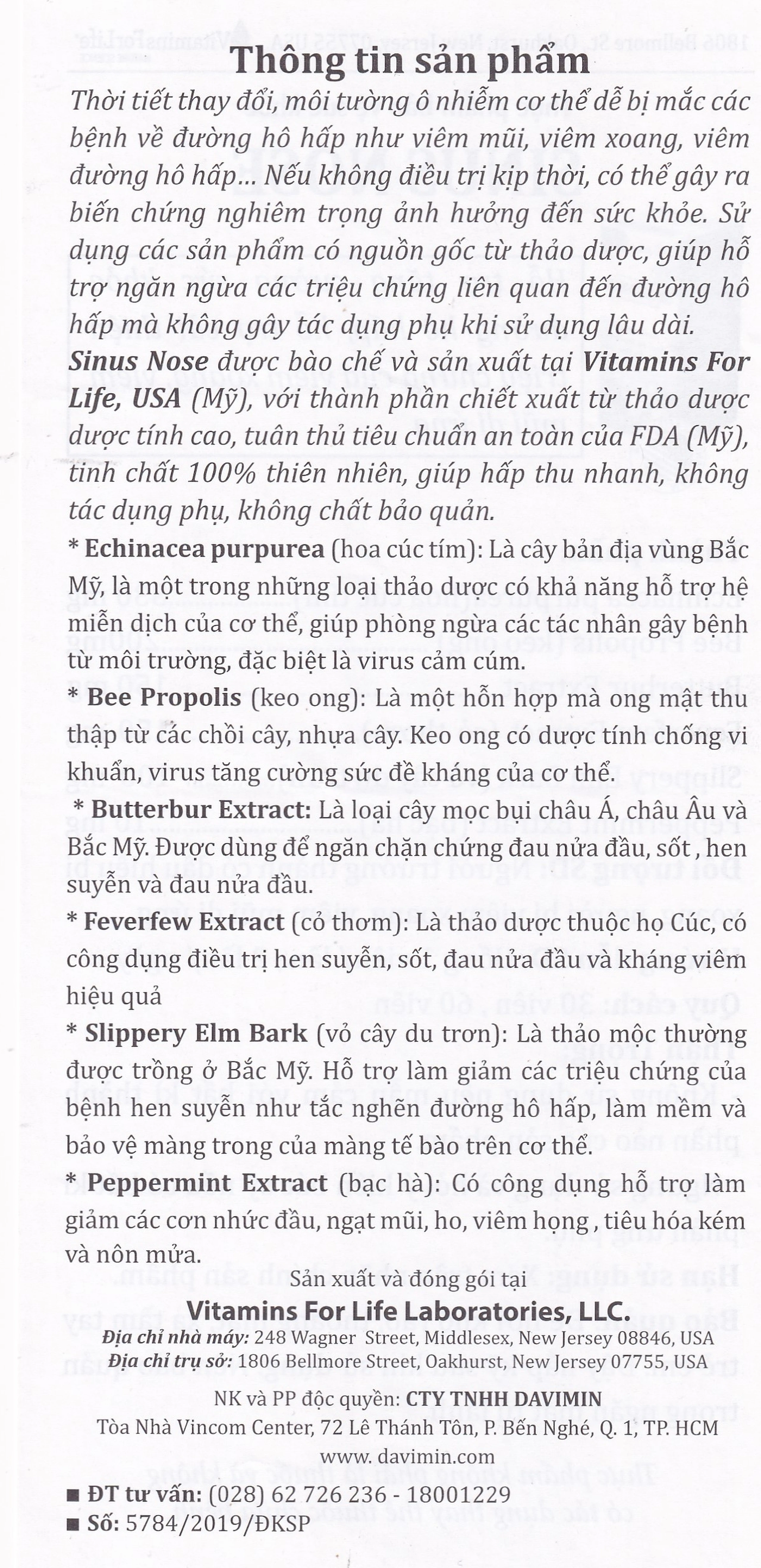 Viên uống hỗ trợ cải thiện viêm xoang, viêm mũi dị ứng, tăng cường sức khỏe đường hô hấp Sinus Nose Vitamins For Life (60 viên)