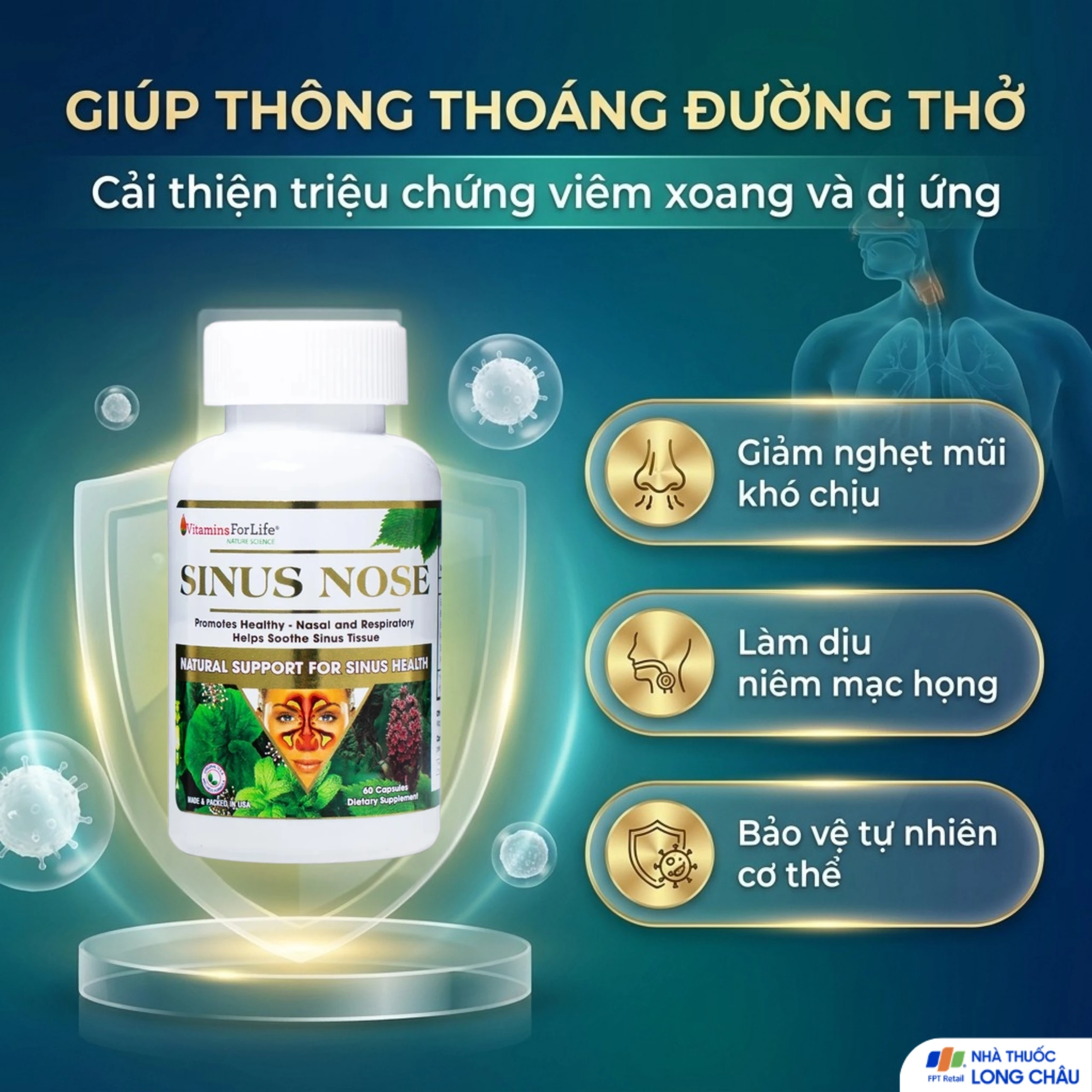 Viên uống hỗ trợ cải thiện viêm xoang, viêm mũi dị ứng, tăng cường sức khỏe đường hô hấp Sinus Nose Vitamins For Life (60 viên) 5