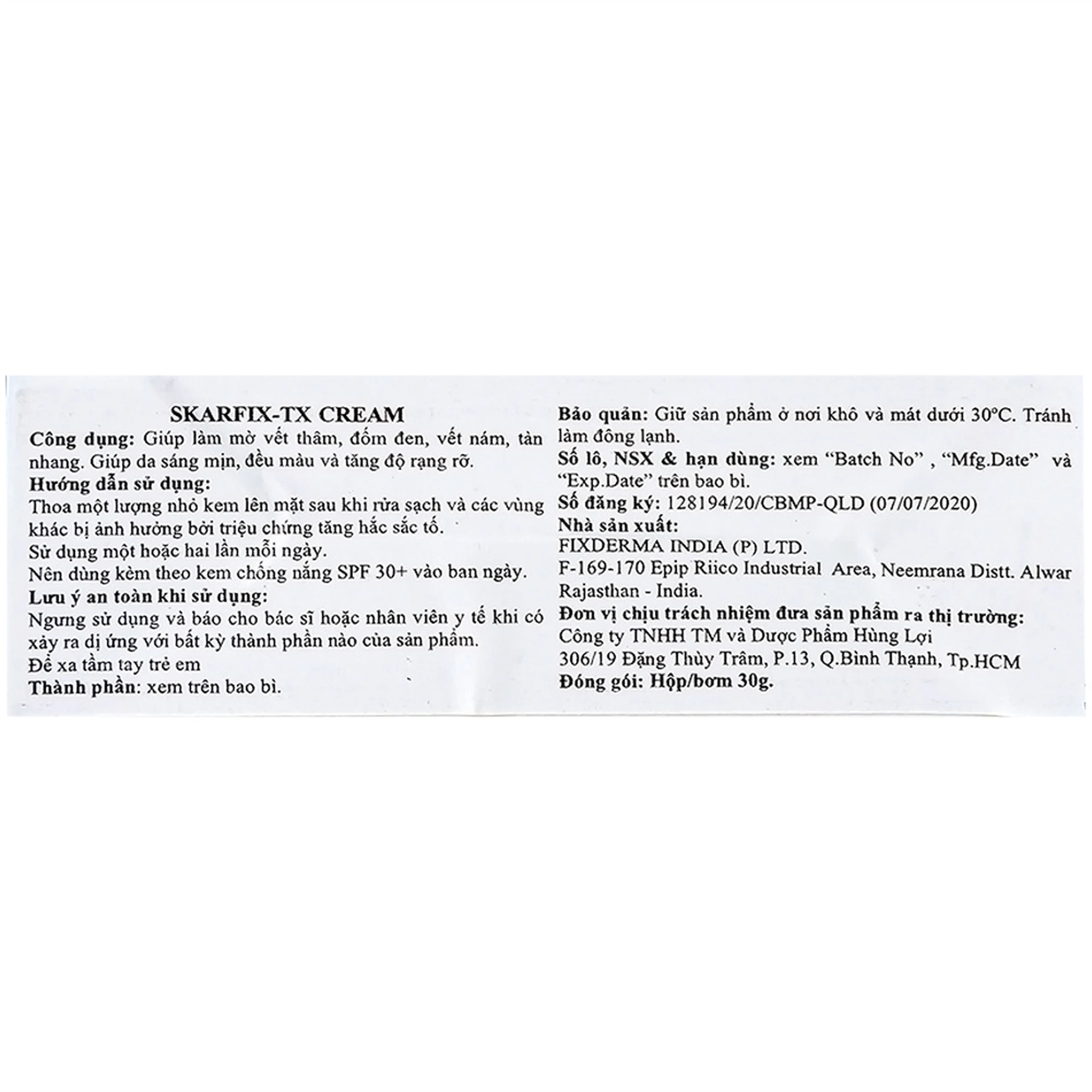 Kem bôi giảm nám, tàn nhang, thâm mụn Fixderma Skarfix TX Cream 30g