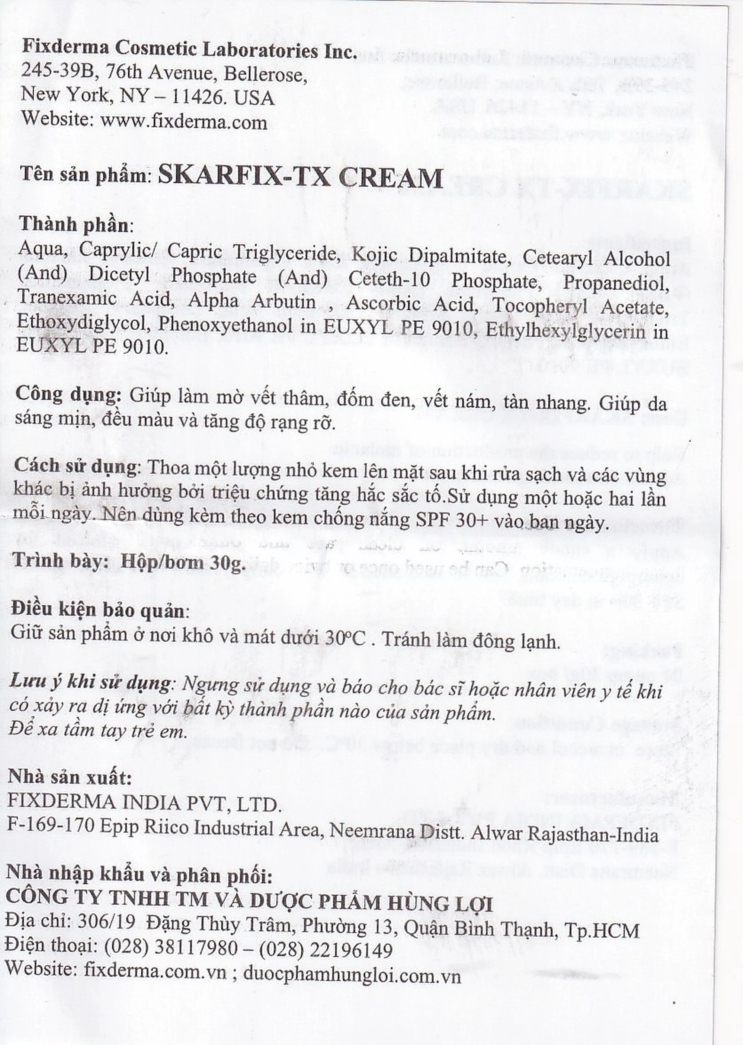 Kem bôi giảm nám, tàn nhang, thâm mụn Fixderma Skarfix TX Cream 30g