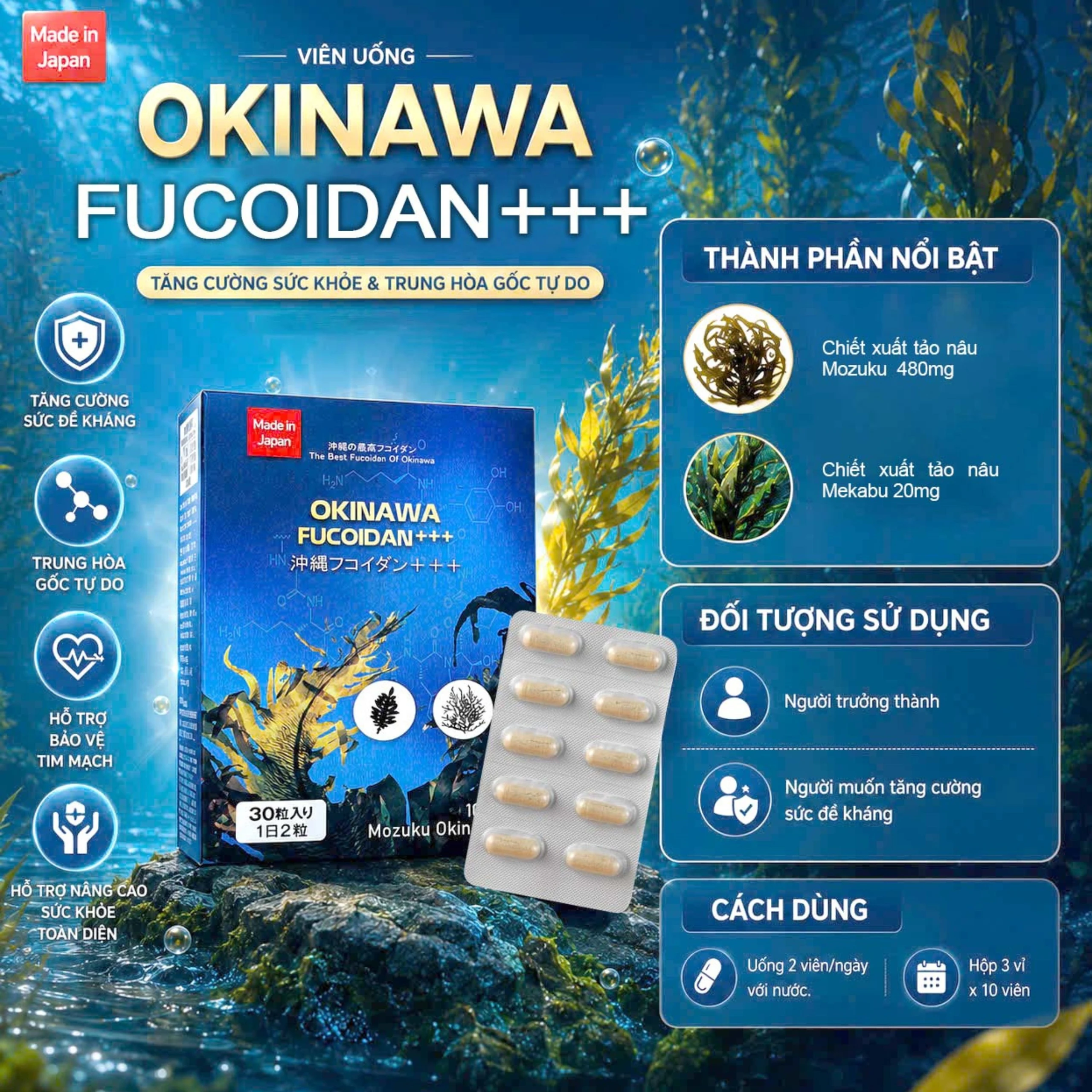 Viên uống hỗ trợ tăng cường sức đề kháng và trung hòa các gốc tự do Okinawa Fucoidan +++ Jpanwell (30 viên) 5