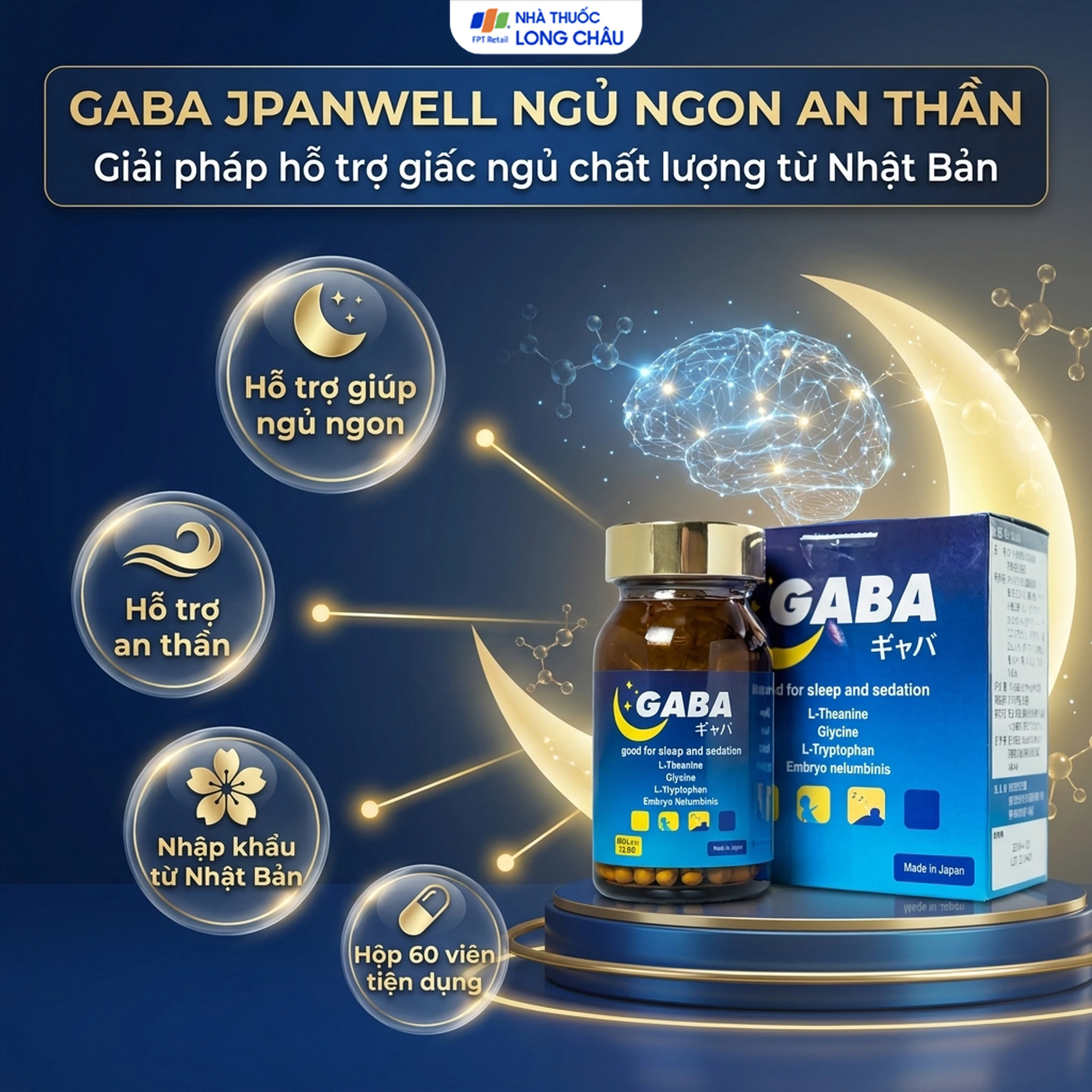 Viên uống hỗ trợ giảm các triệu chứng mất ngủ, khó ngủ, giấc ngủ không sâu, giảm lo lắng Gaba Jpanwell (60 viên) 3