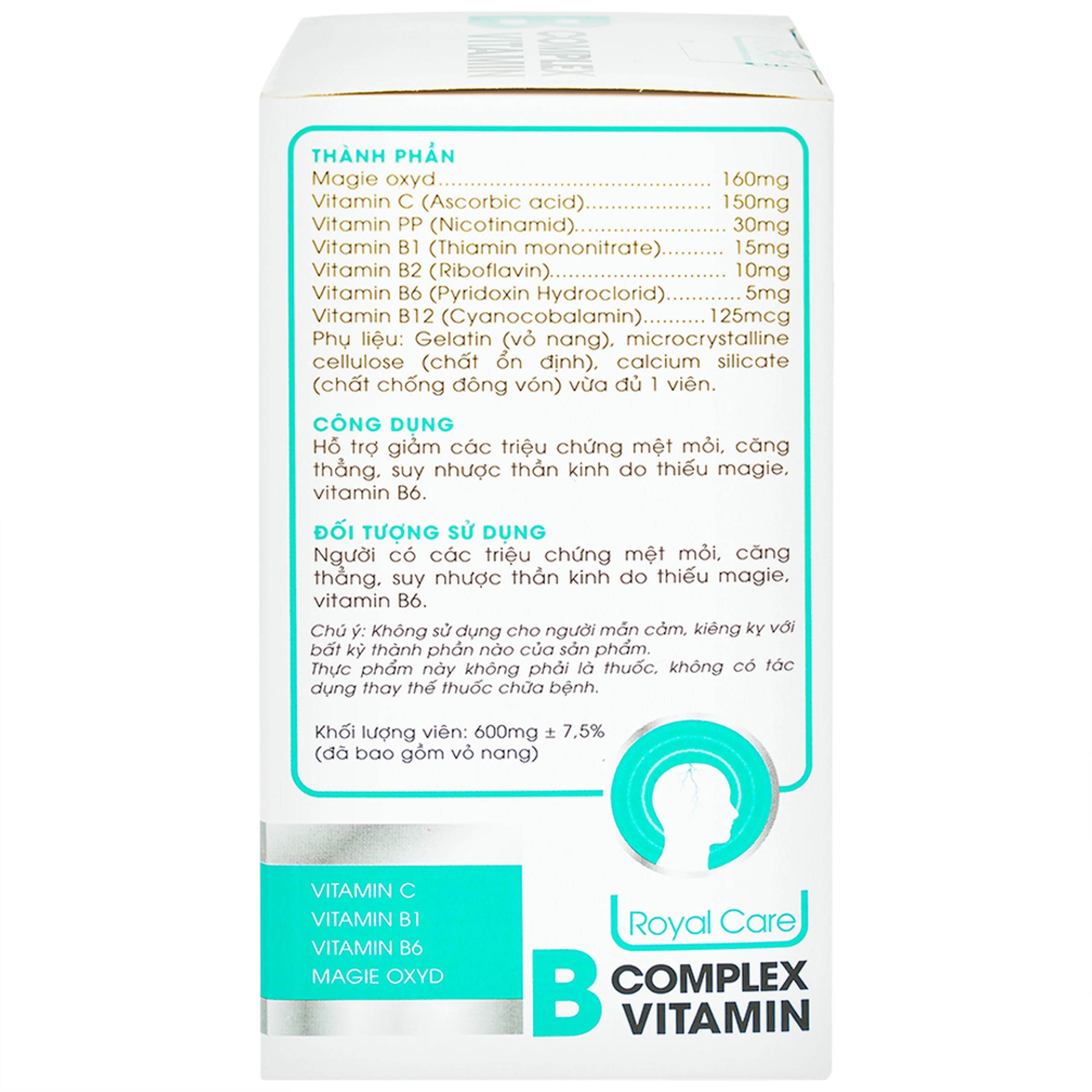 Viên uống giúp giảm mệt mỏi, căng thẳng do thiếu Magie, B6 B Complex Vitamin Royal Care (60 viên)