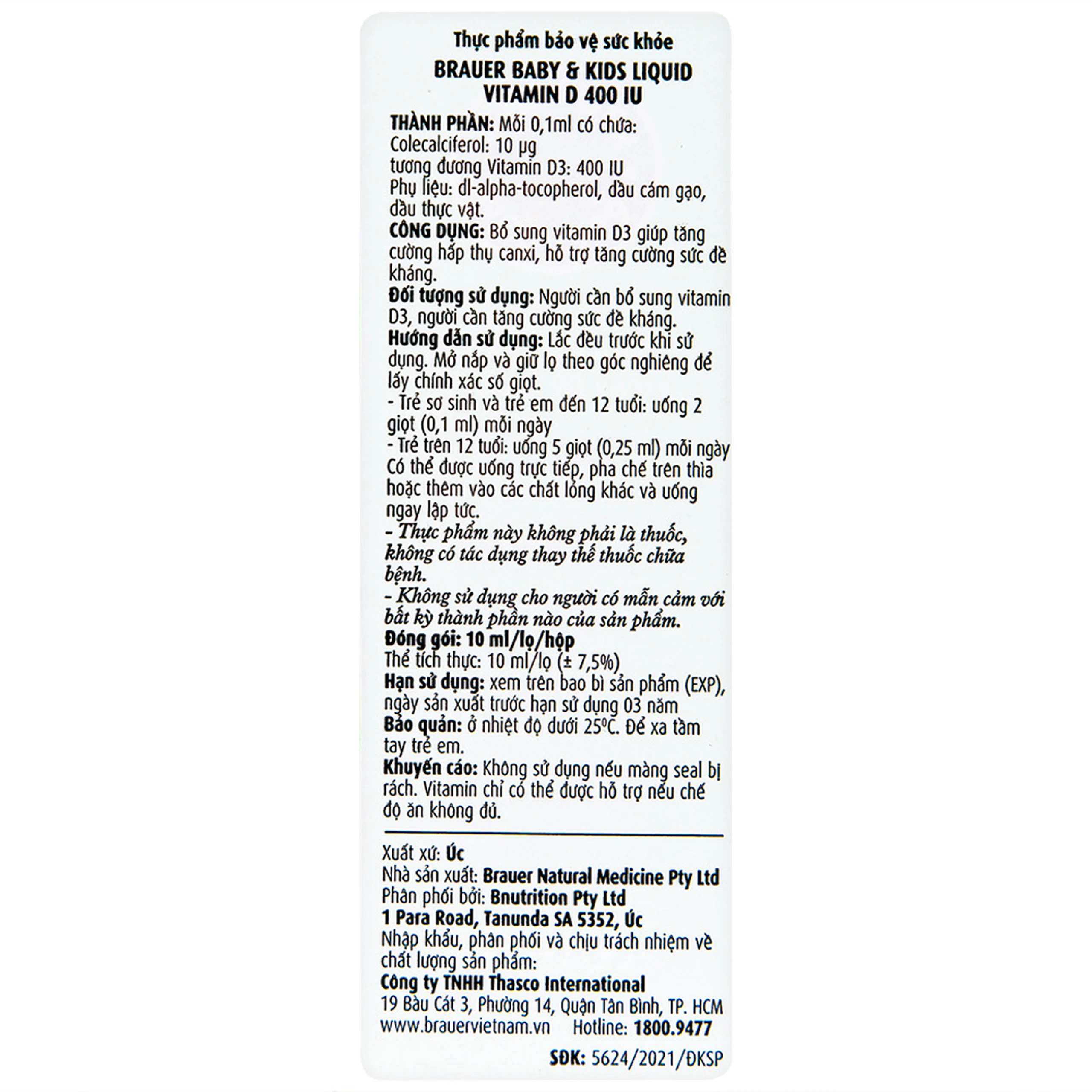 Siro bổ sung vitamin D3 tăng cường hấp thụ canxi Brauer Baby & Kids Liquid Vitamin D 400IU (10ml)