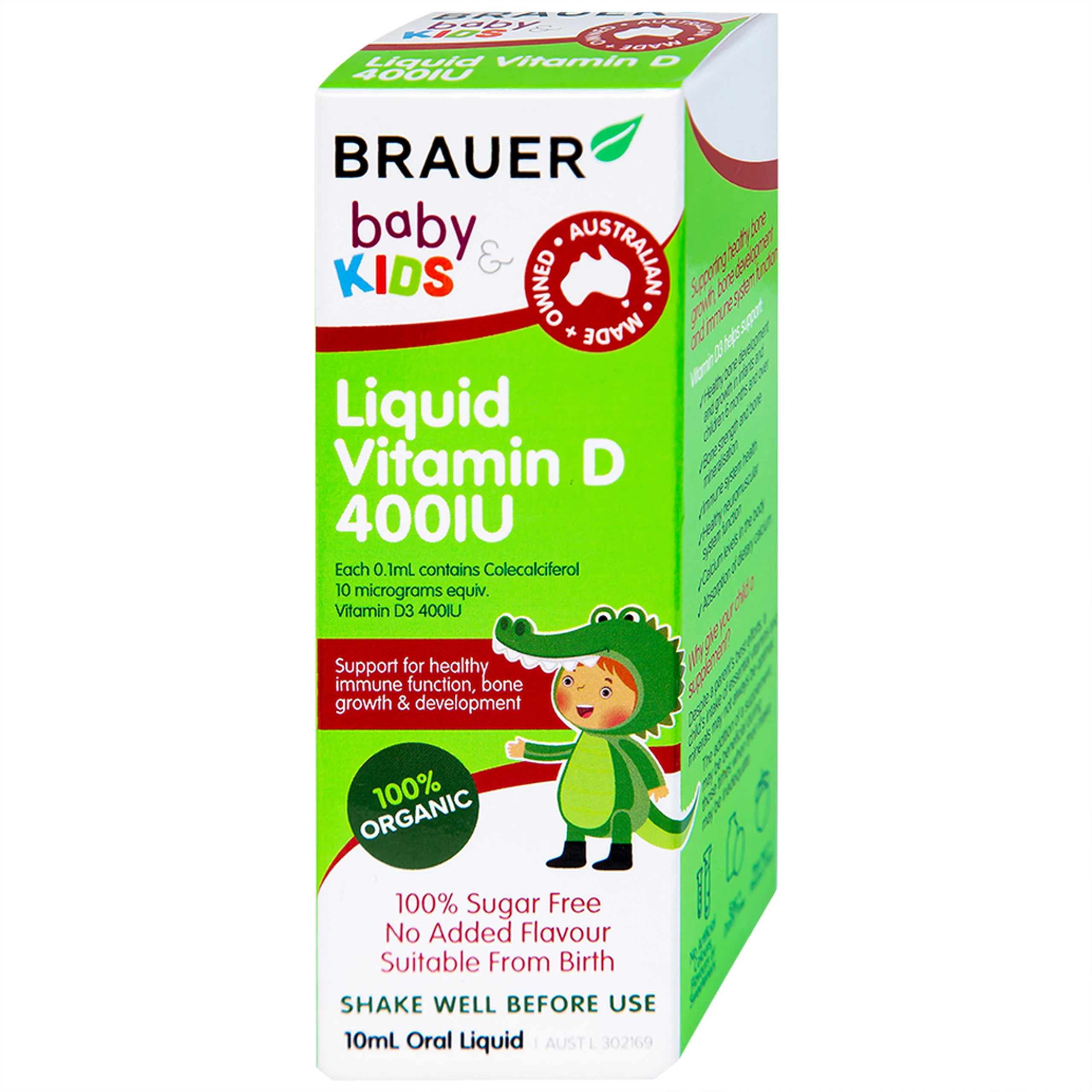 Siro bổ sung vitamin D3 tăng cường hấp thụ canxi Brauer Baby & Kids Liquid Vitamin D 400IU (10ml)