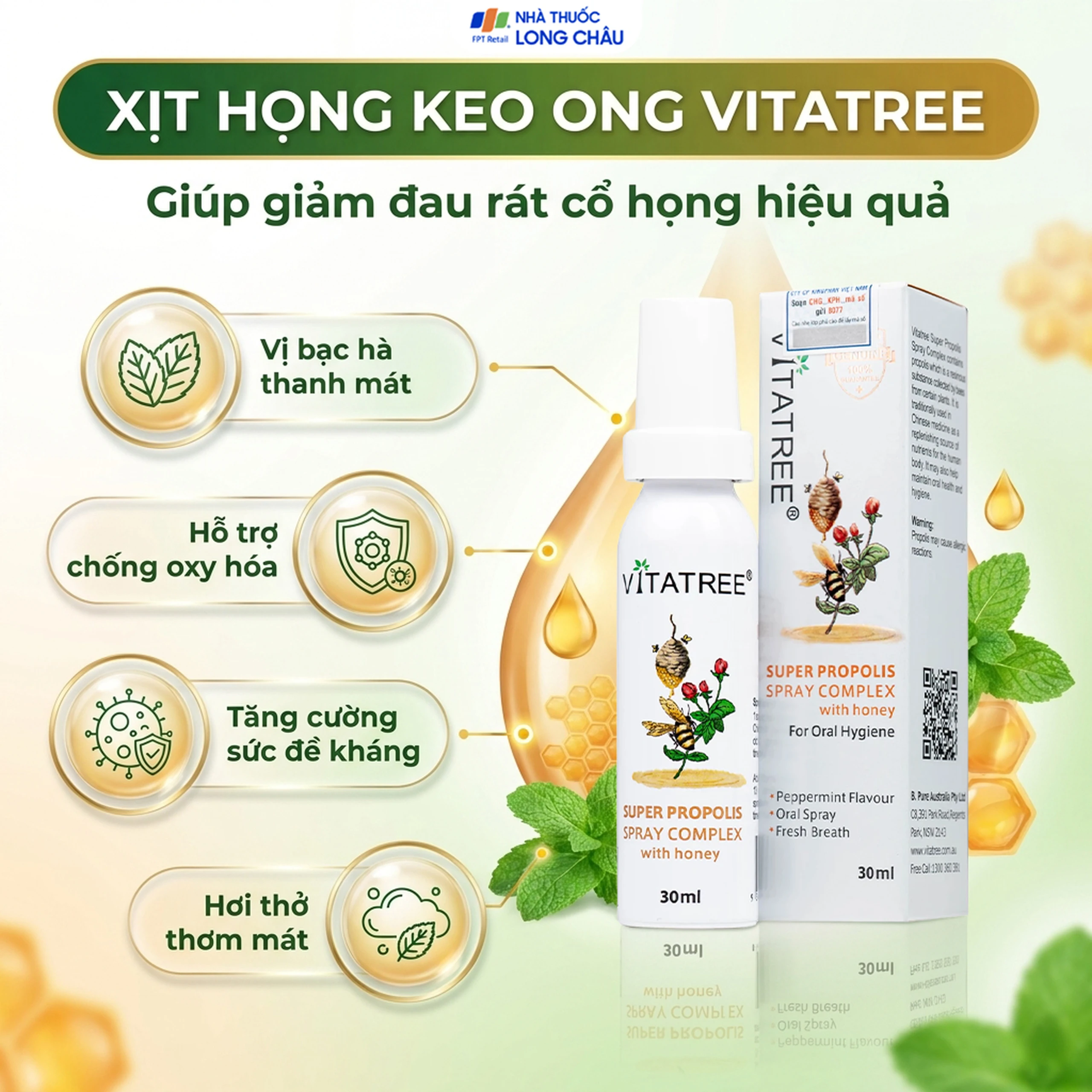 Chai xịt họng hỗ trợ giảm đau rát cổ do viêm họng Vitatree Super Propolis Spray Complex With Honey (30ml) 2