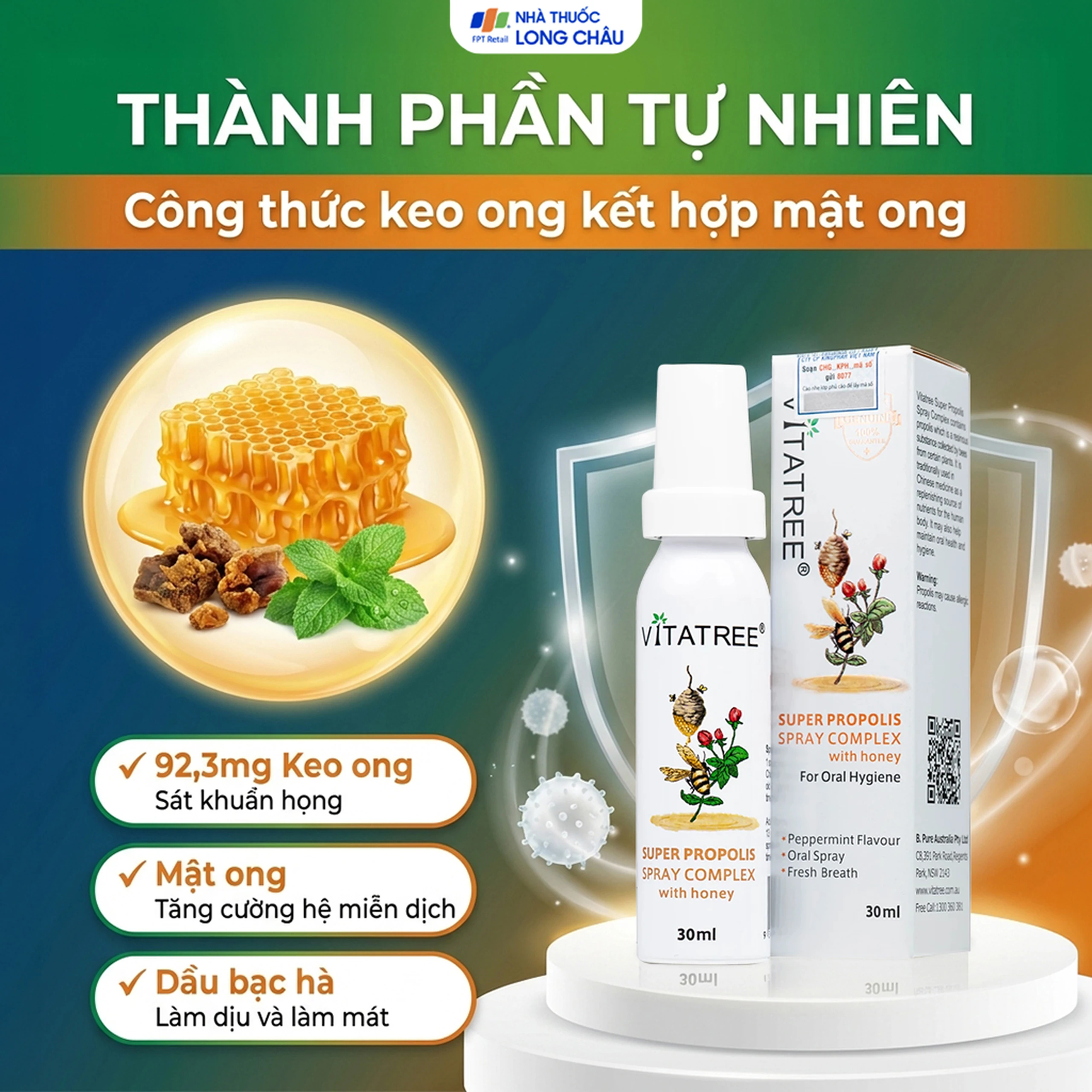 Chai xịt họng hỗ trợ giảm đau rát cổ do viêm họng Vitatree Super Propolis Spray Complex With Honey (30ml) 3