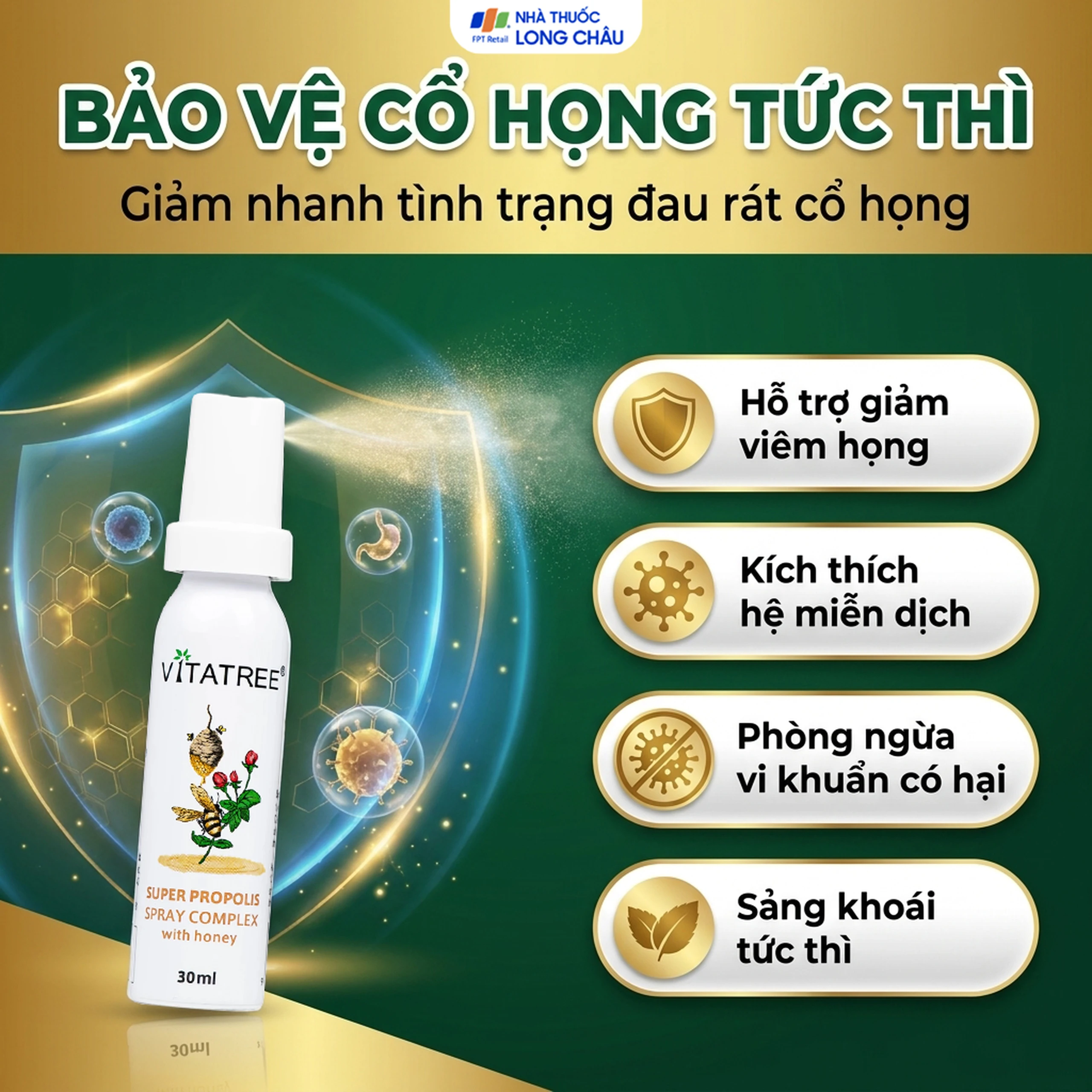 Chai xịt họng hỗ trợ giảm đau rát cổ do viêm họng Vitatree Super Propolis Spray Complex With Honey (30ml) 4