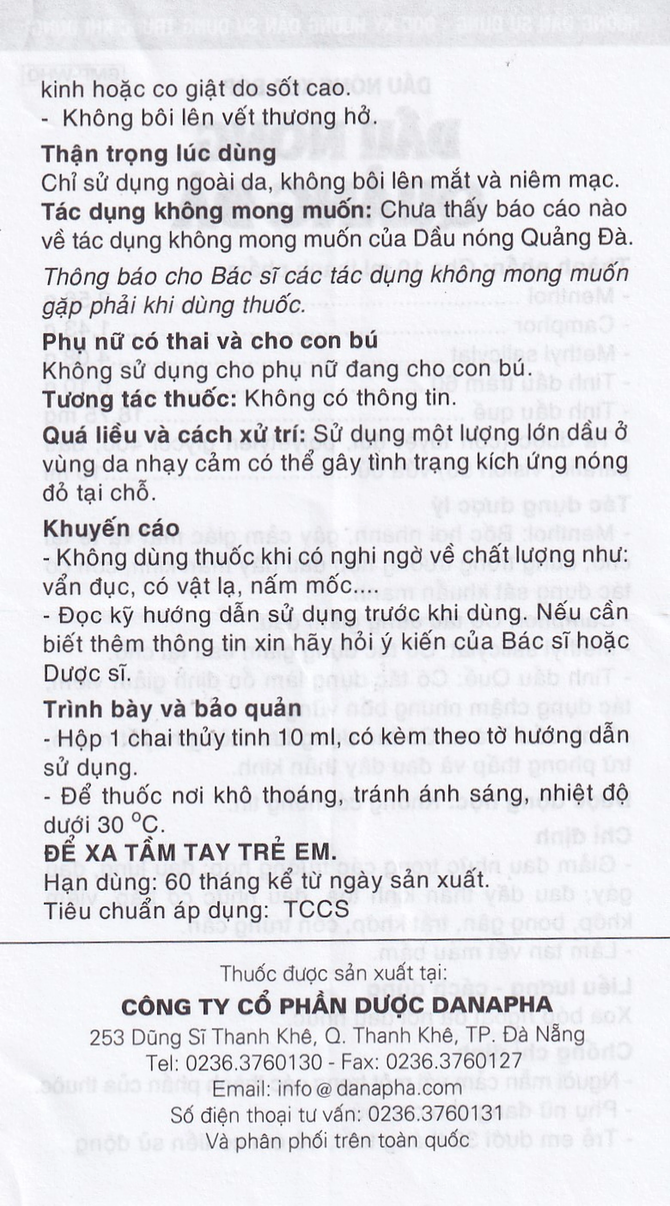 Dầu nóng Quảng Đà Danapha giảm đau lưng, đau gáy, đau dây thần kinh tọa (10ml)