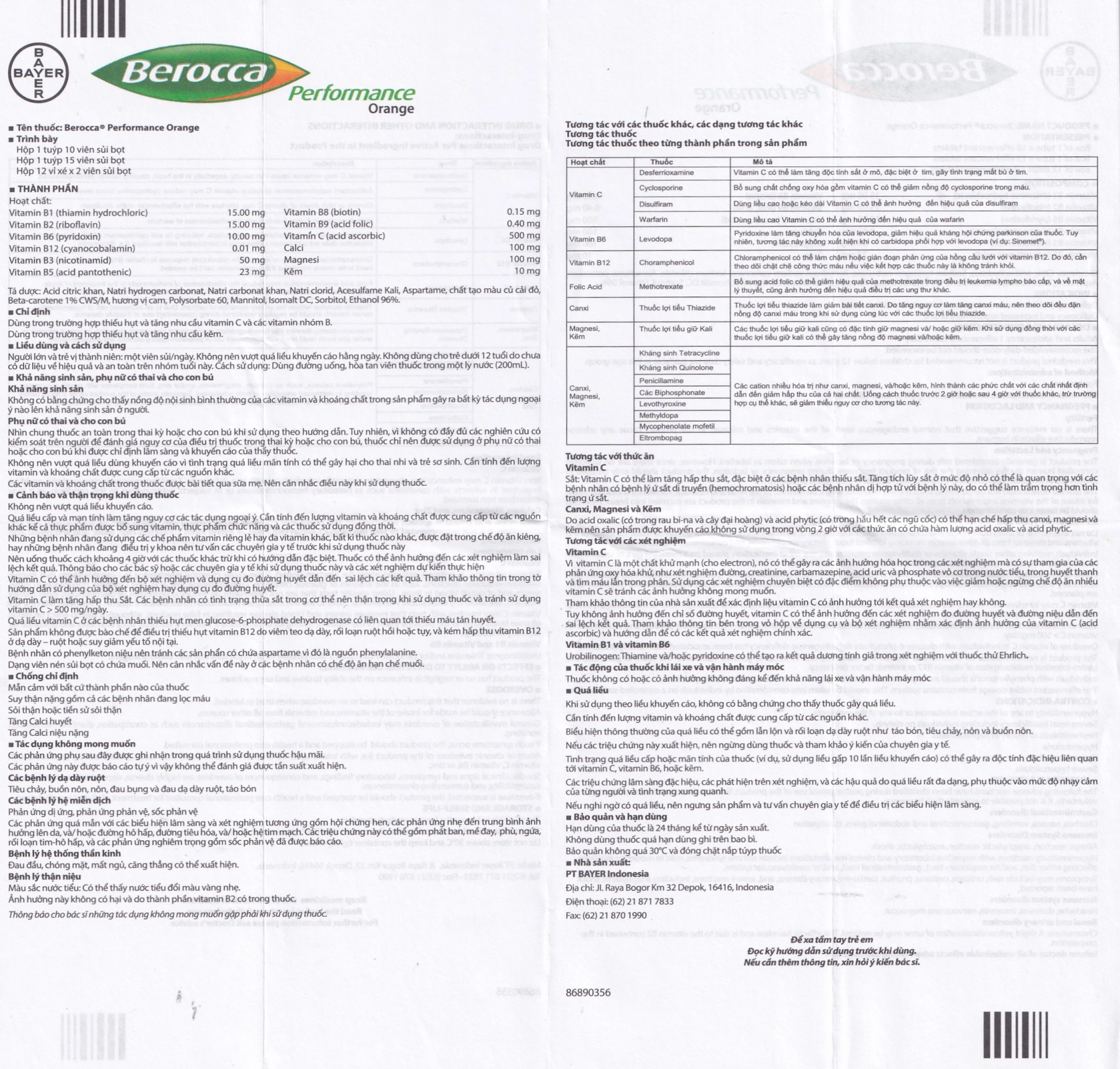 Viên sủi Berocca Performance Orange Bayer bổ sung vitamin và khoáng chất (12 vỉ x 2 viên)