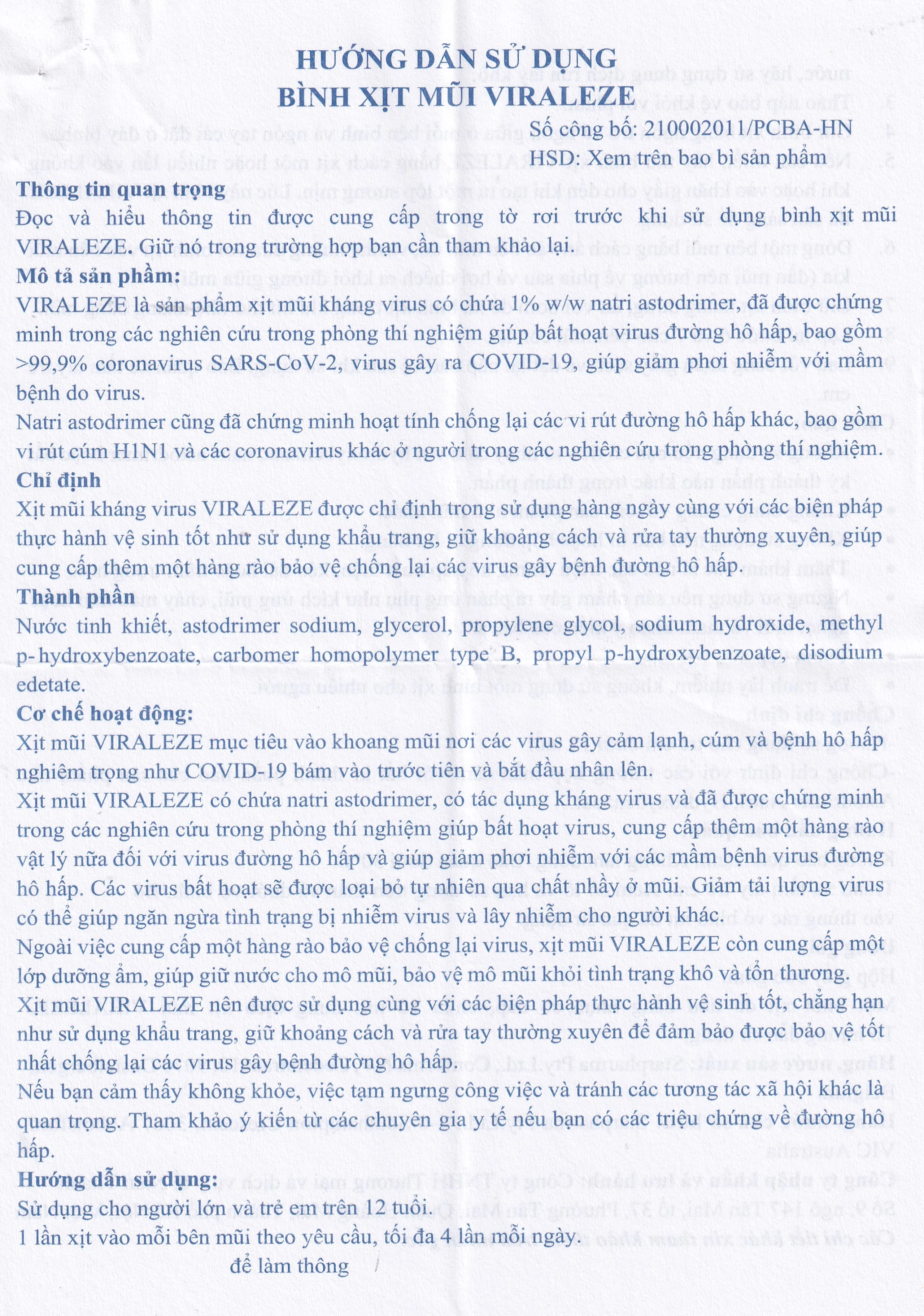 Bình xịt mũi Viraleze 10ml kháng virus gây bệnh đường hô hấp