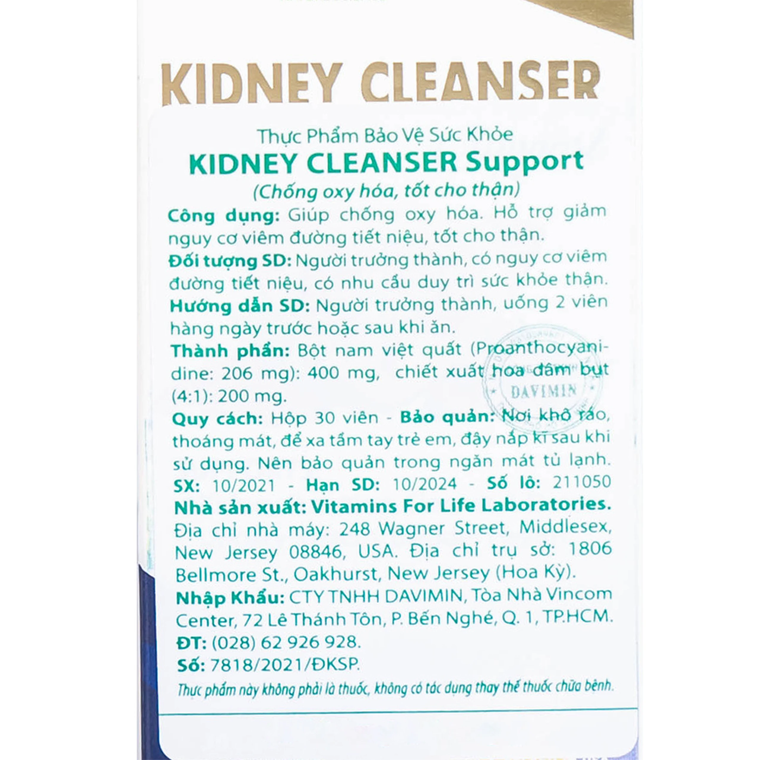 Viên uống bổ thận, hỗ trợ giảm nguy cơ viêm đường tiết niệu Kidney Cleanser Support Vitamins For Life (30 viên)