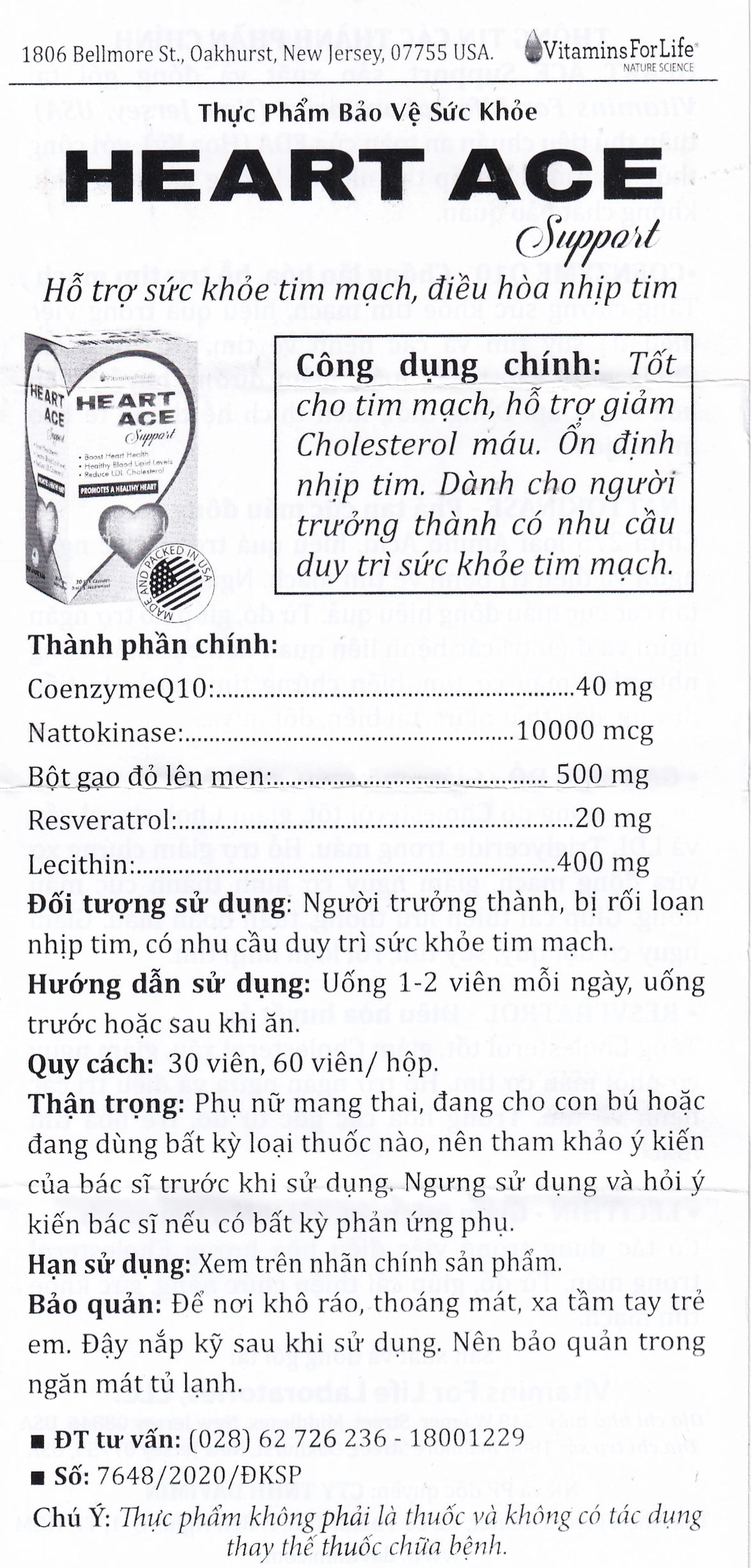 Viên uống hỗ trợ sức khỏe tim mạch, ổn định nhịp tim Heart Ace Support Vitamins For Life (30 viên)