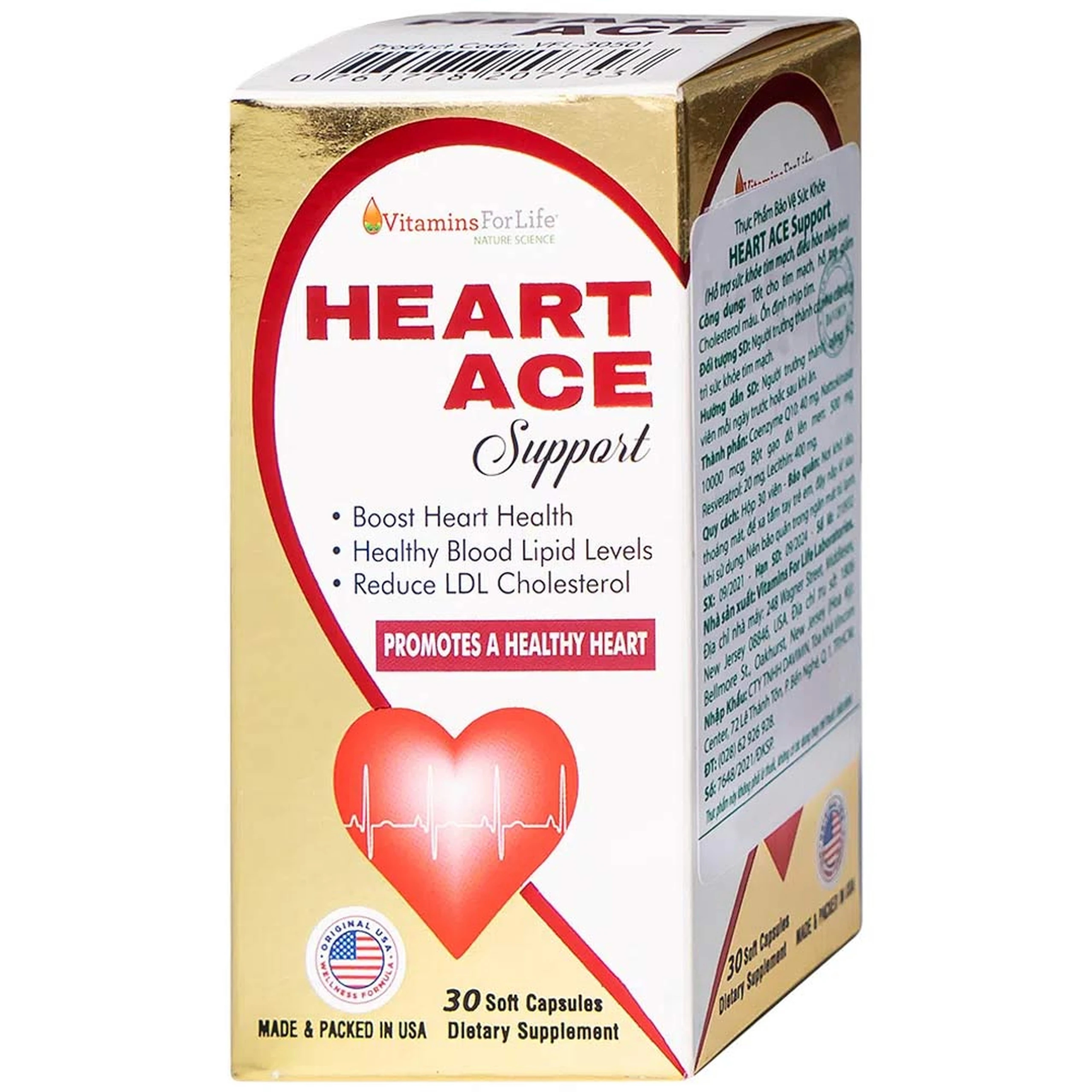 Viên uống hỗ trợ sức khỏe tim mạch, ổn định nhịp tim Heart Ace Support Vitamins For Life (30 viên)