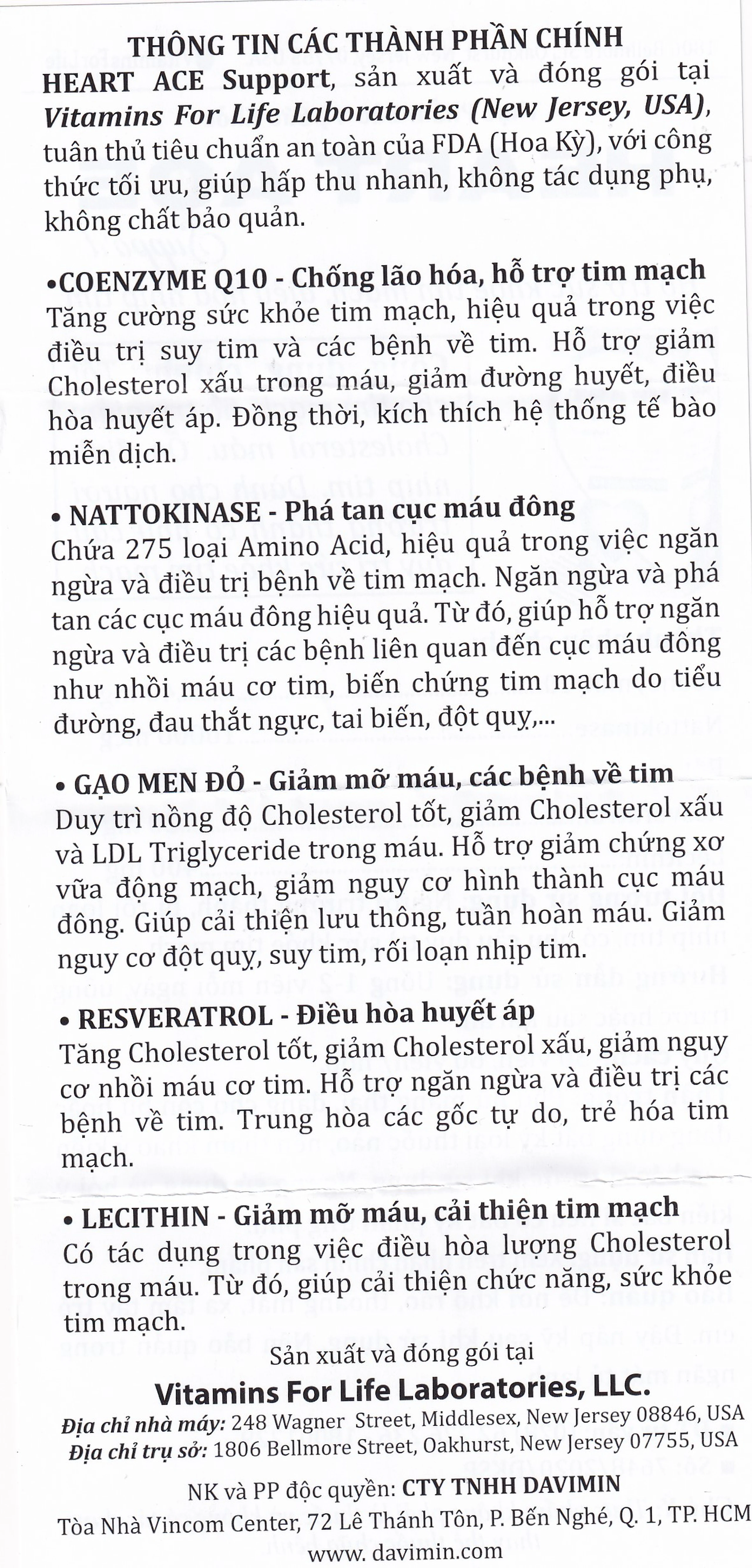 Viên uống hỗ trợ sức khỏe tim mạch, ổn định nhịp tim Heart Ace Support Vitamins For Life (30 viên)