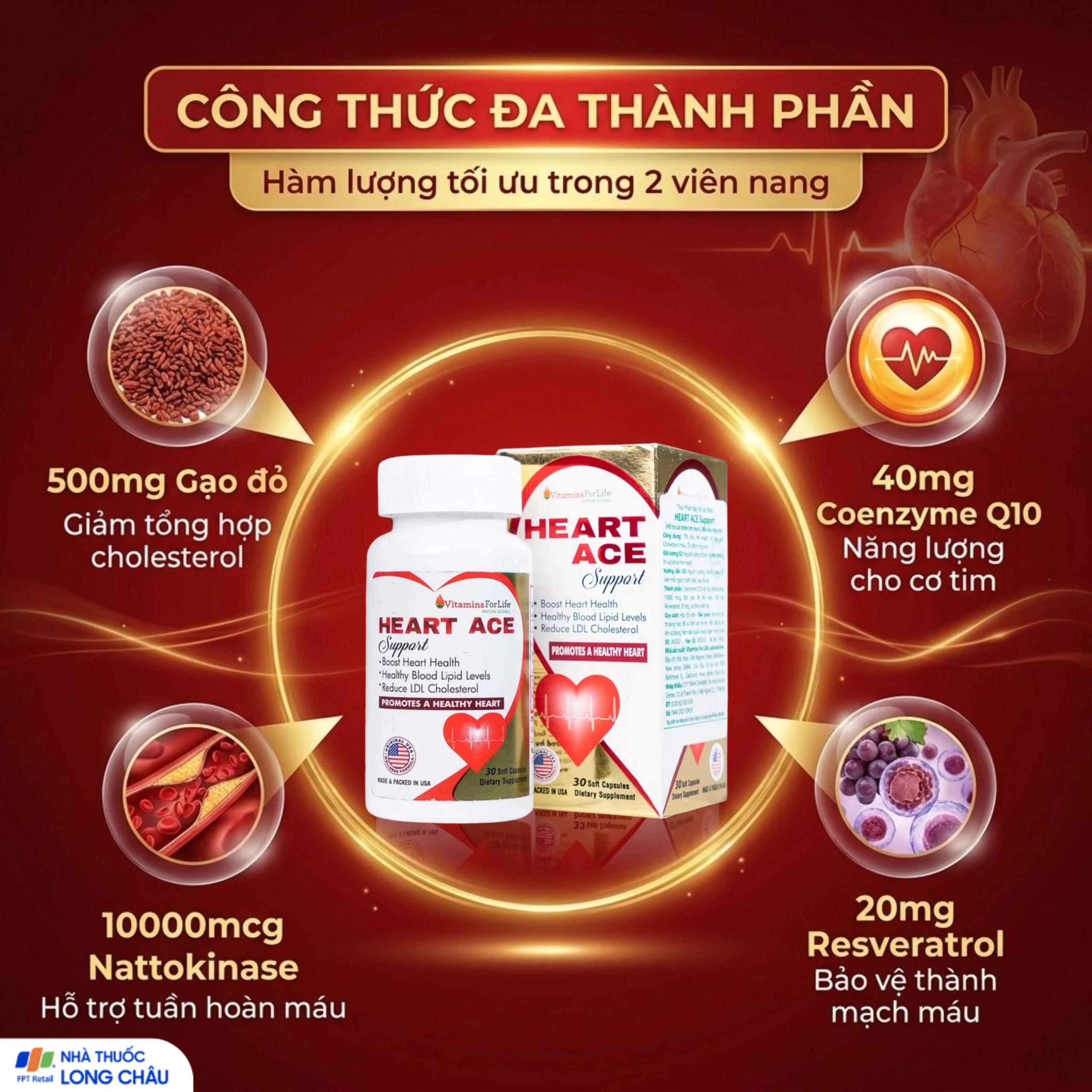 Viên uống hỗ trợ sức khỏe tim mạch, ổn định nhịp tim Heart Ace Support Vitamins For Life (30 viên) 3