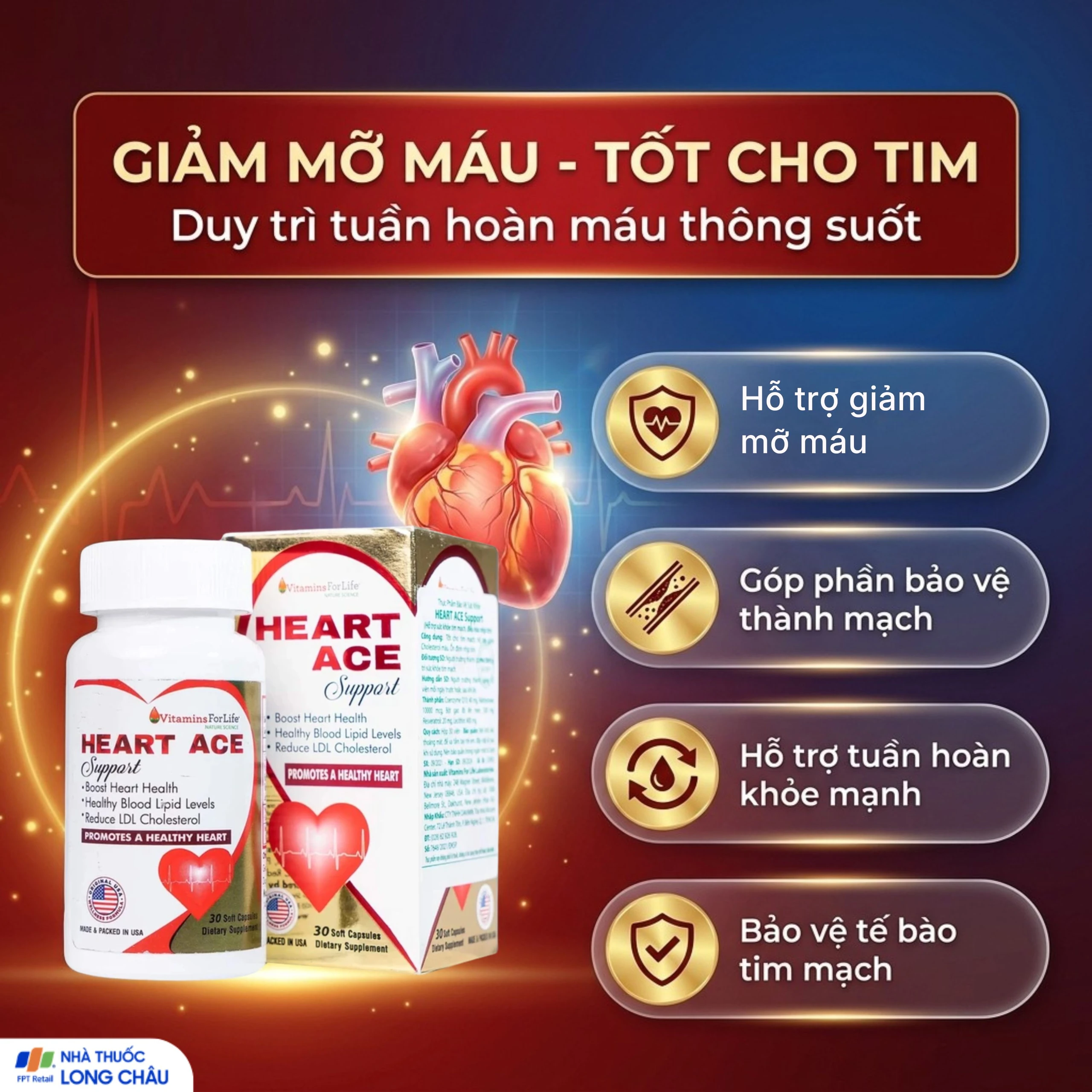 Viên uống hỗ trợ sức khỏe tim mạch, ổn định nhịp tim Heart Ace Support Vitamins For Life (30 viên) 4