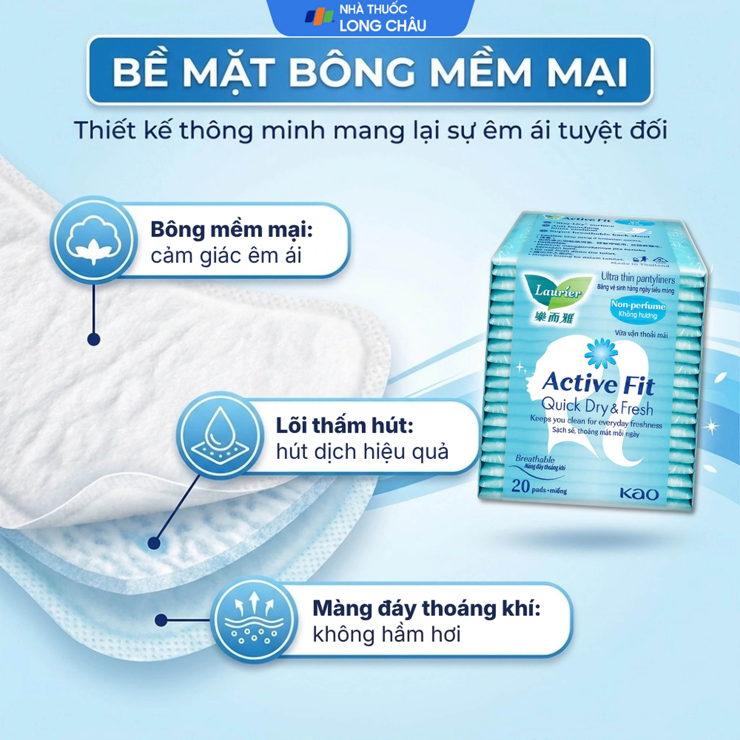 Băng vệ sinh Laurier Active Fit Quick Dry And Fresh hàng ngày hút ẩm hiệu quả, không gây hầm hơi (20 miếng) 3