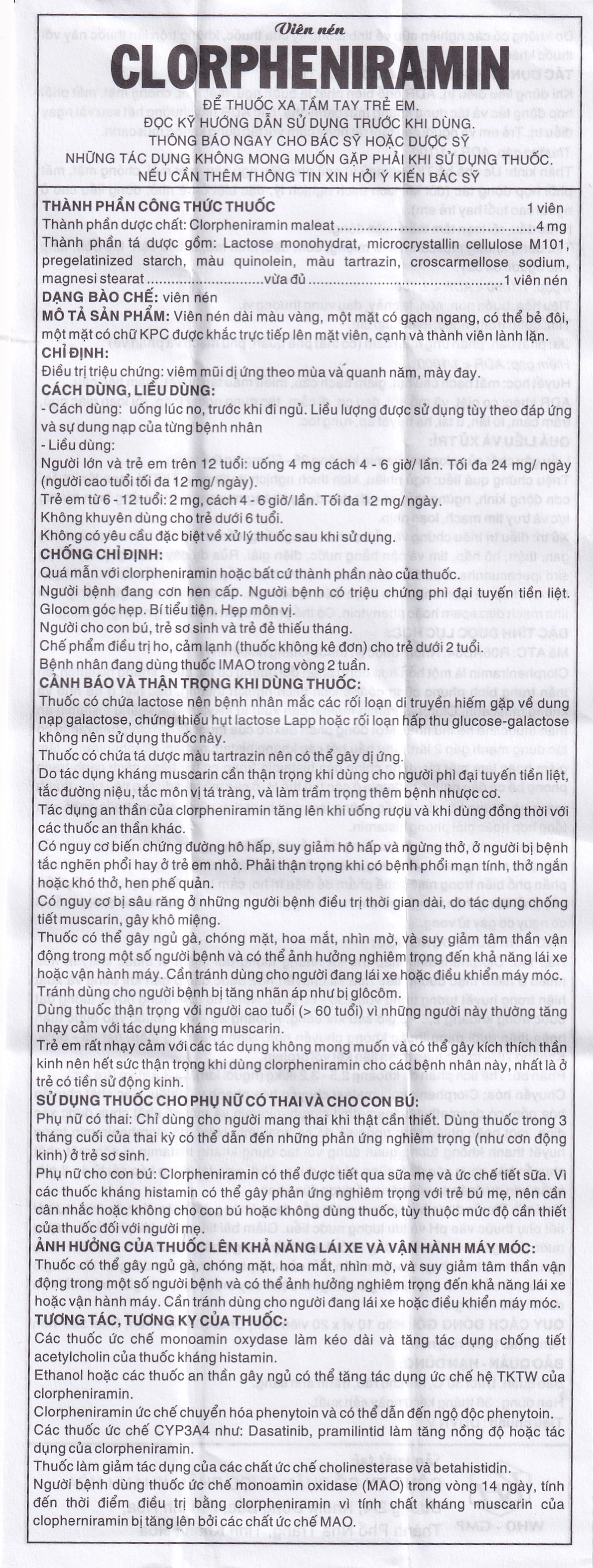 Thuốc Clorpheniramin 4mg Khapharco điều trị triệu chứng viêm mũi dị ứng theo mùa, quanh năm và mày đay (10 vỉ x 20 viên)