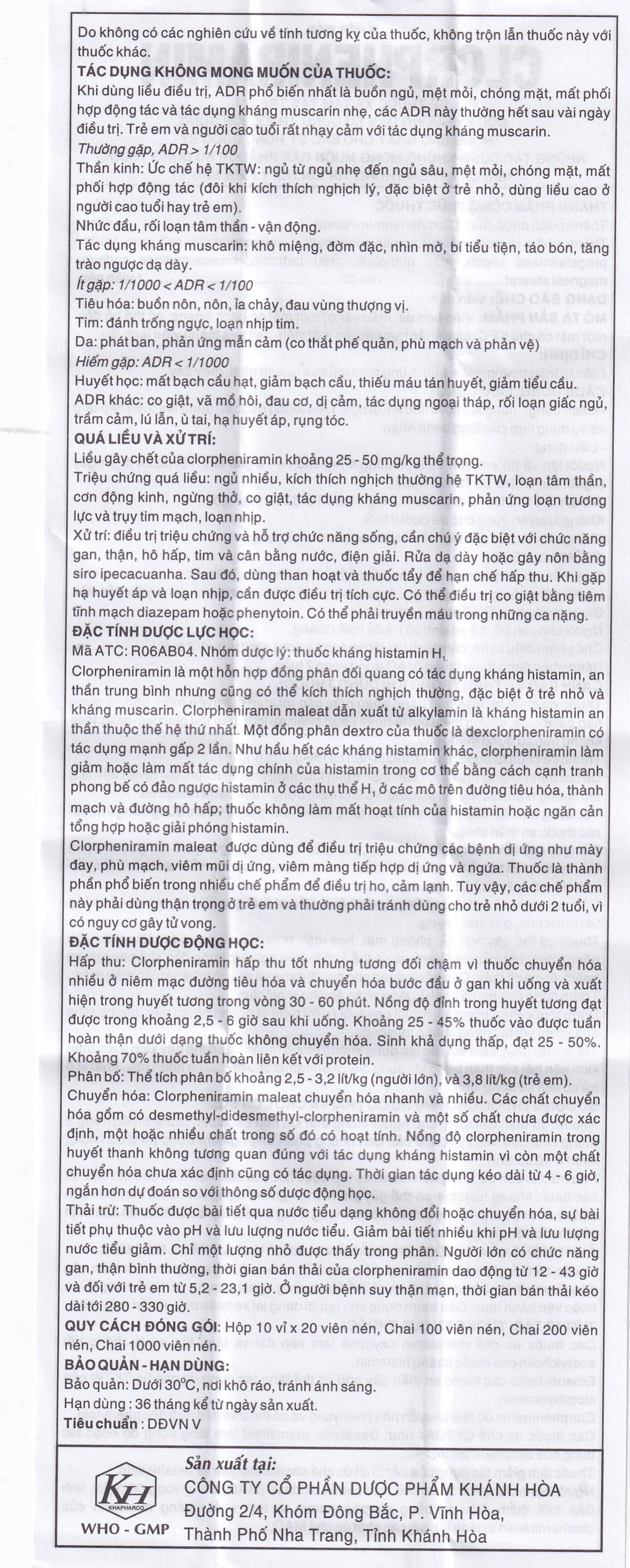 Thuốc Clorpheniramin 4mg Khapharco điều trị triệu chứng viêm mũi dị ứng theo mùa, quanh năm và mày đay (10 vỉ x 20 viên)