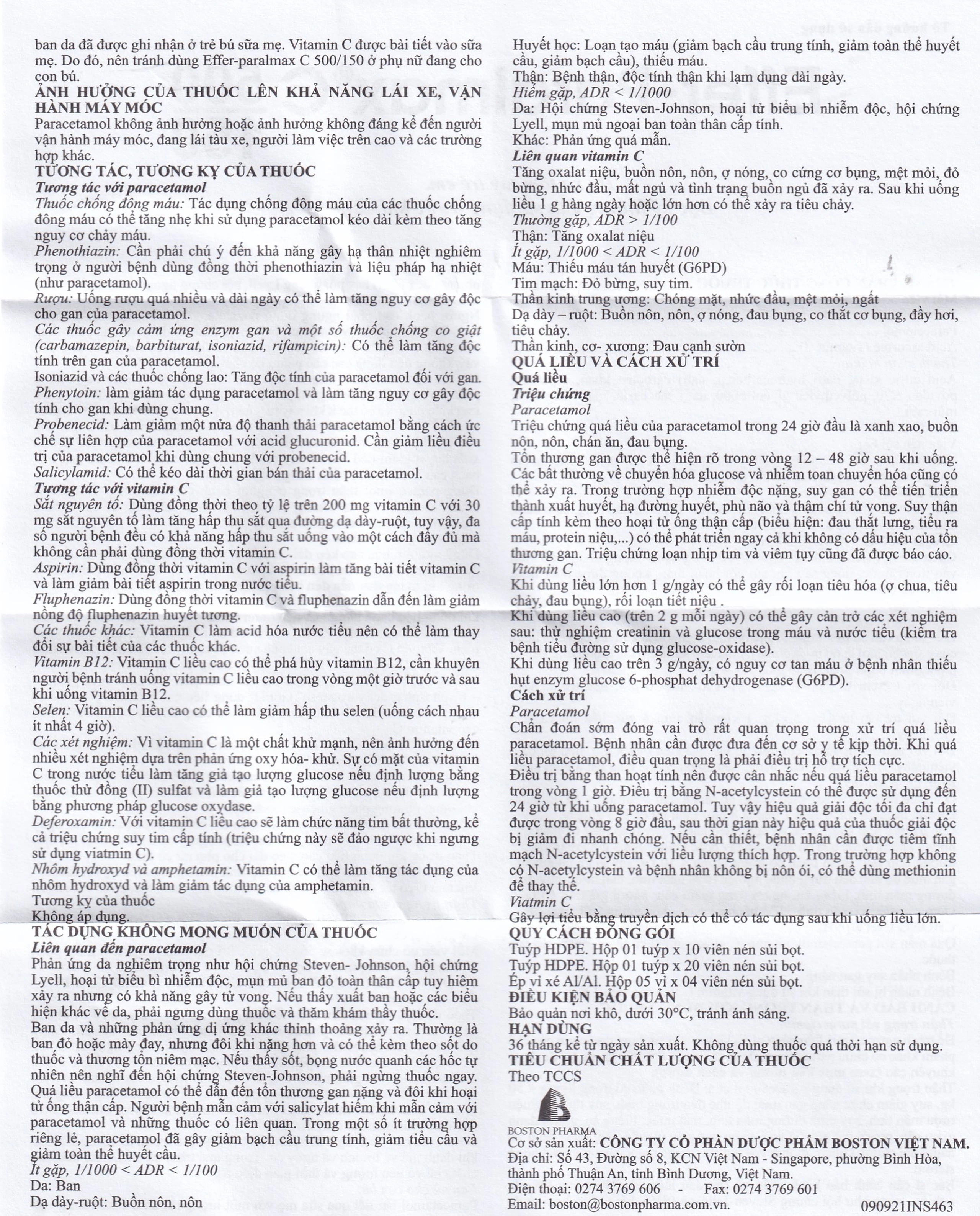 Viên sủi Effer-Paralmax C 500/150 Boston giảm đau, hạ sốt (5 vỉ x 4 viên)