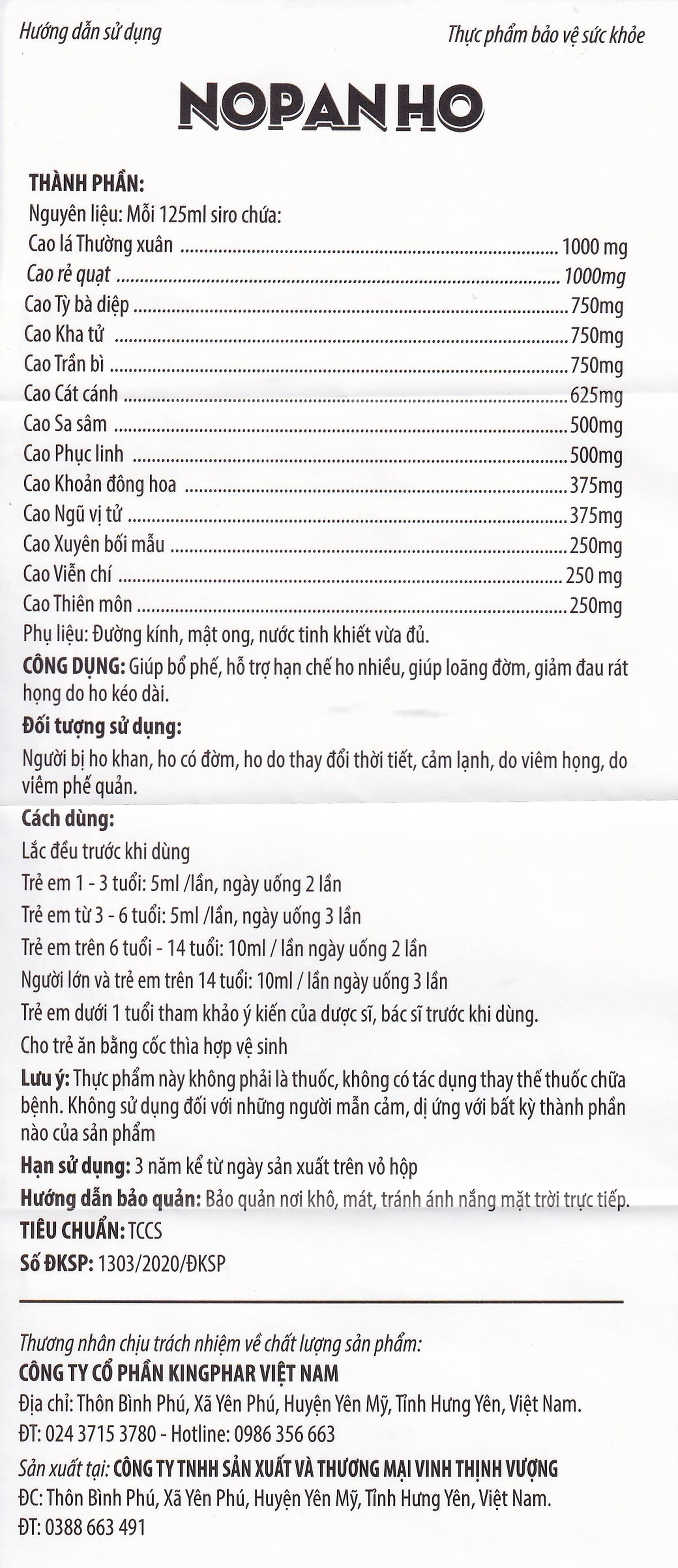 Siro giúp bổ phế, hạn chế ho nhiều, loãng đờm, giảm đau rát họng do ho Nopanho Kingphar (125ml)