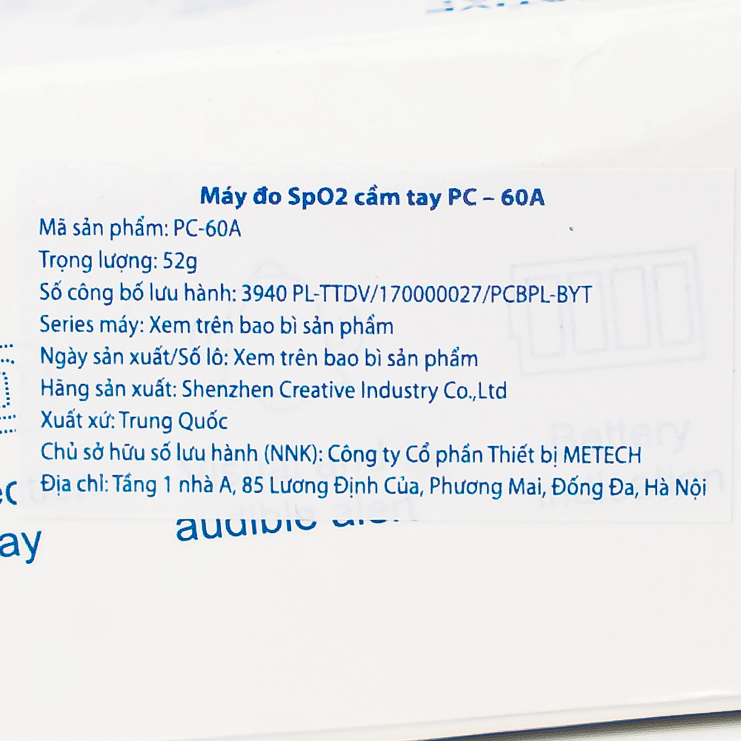 Máy đo nồng độ oxy trong máu SPO2 Metech - PC - 60A
