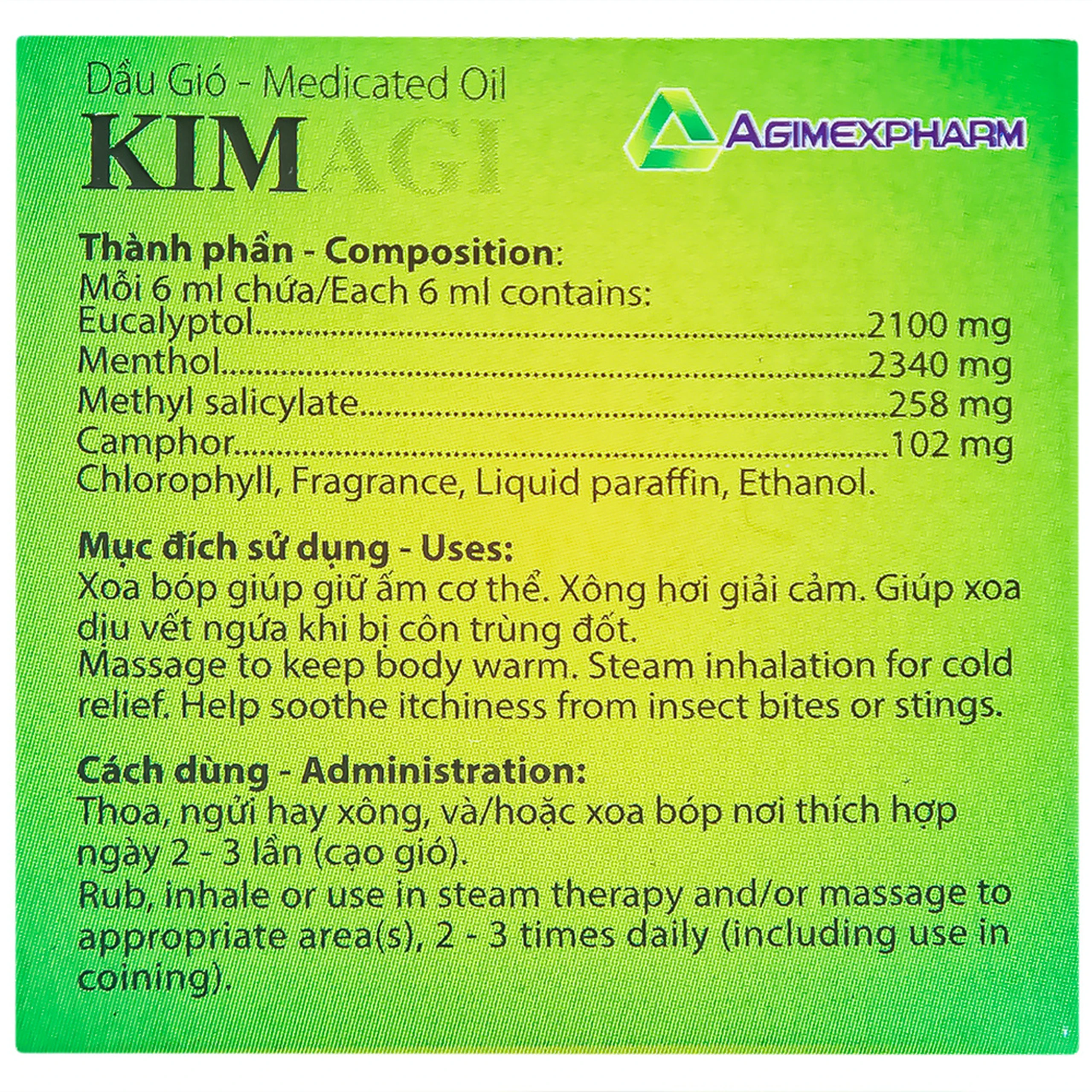 Dầu gió Kimagi Agimexpharm giảm đau, giải cảm, giúp thư giãn cơ bắp (10 chai x 6ml)