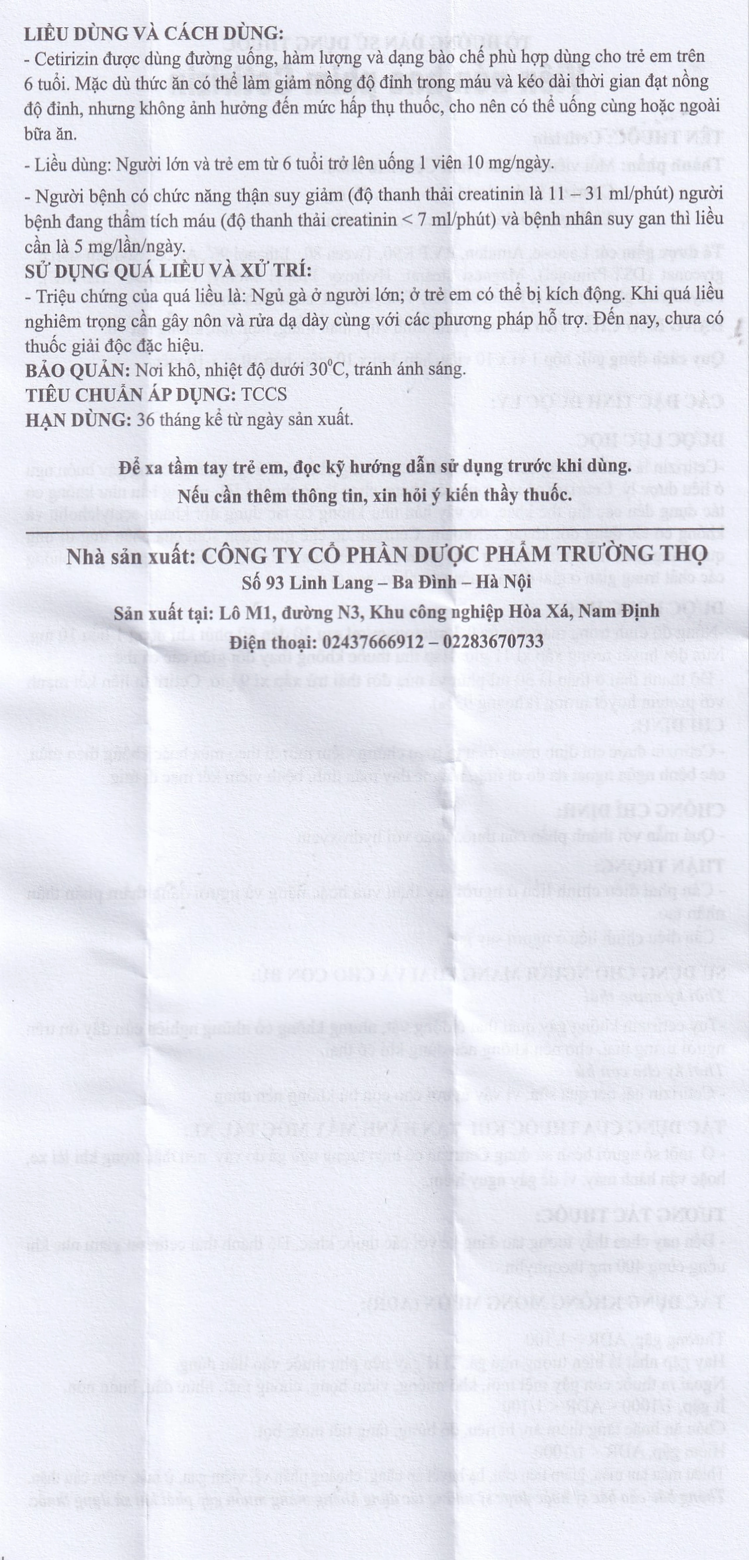 Thuốc Cetirizin 10mg Trường Thọ trị ngứa ngoài da do dị ứng (10 vỉ x 10 viên)