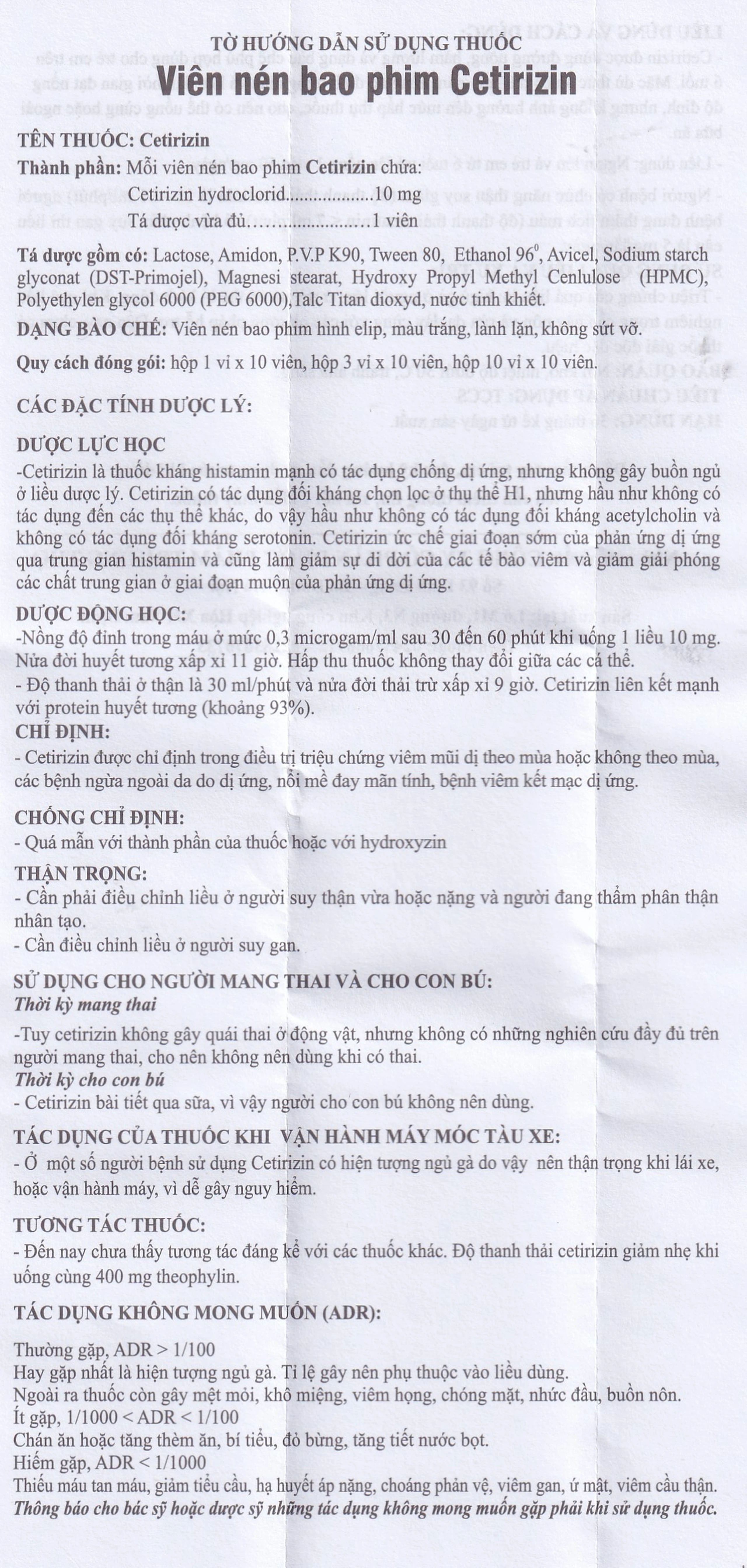 Thuốc Cetirizin 10mg Trường Thọ trị ngứa ngoài da do dị ứng (10 vỉ x 10 viên)