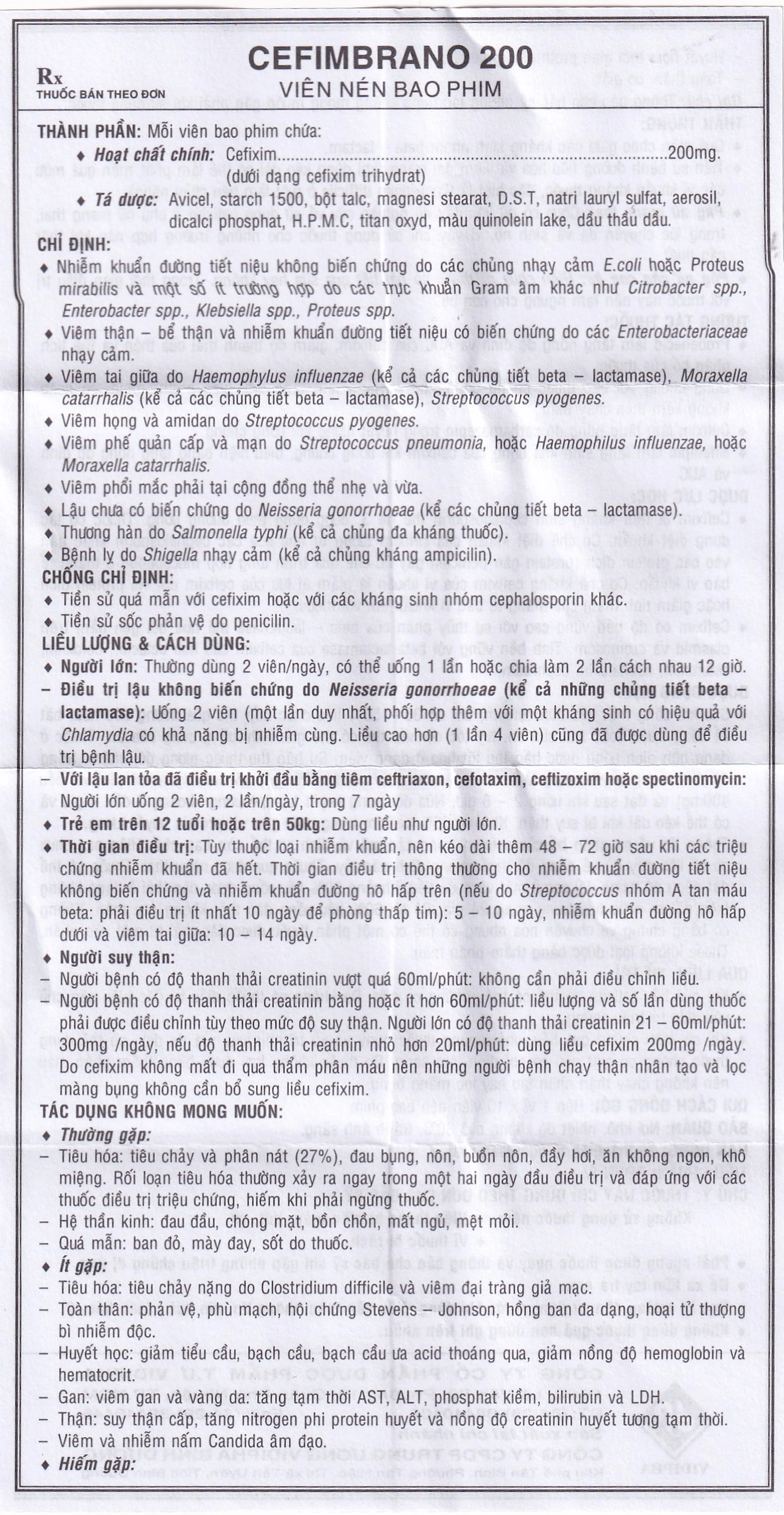 Thuốc Cefimbrano 200mg Vidipha điều trị nhiễm khuẩn (1 vỉ x 10 viên)