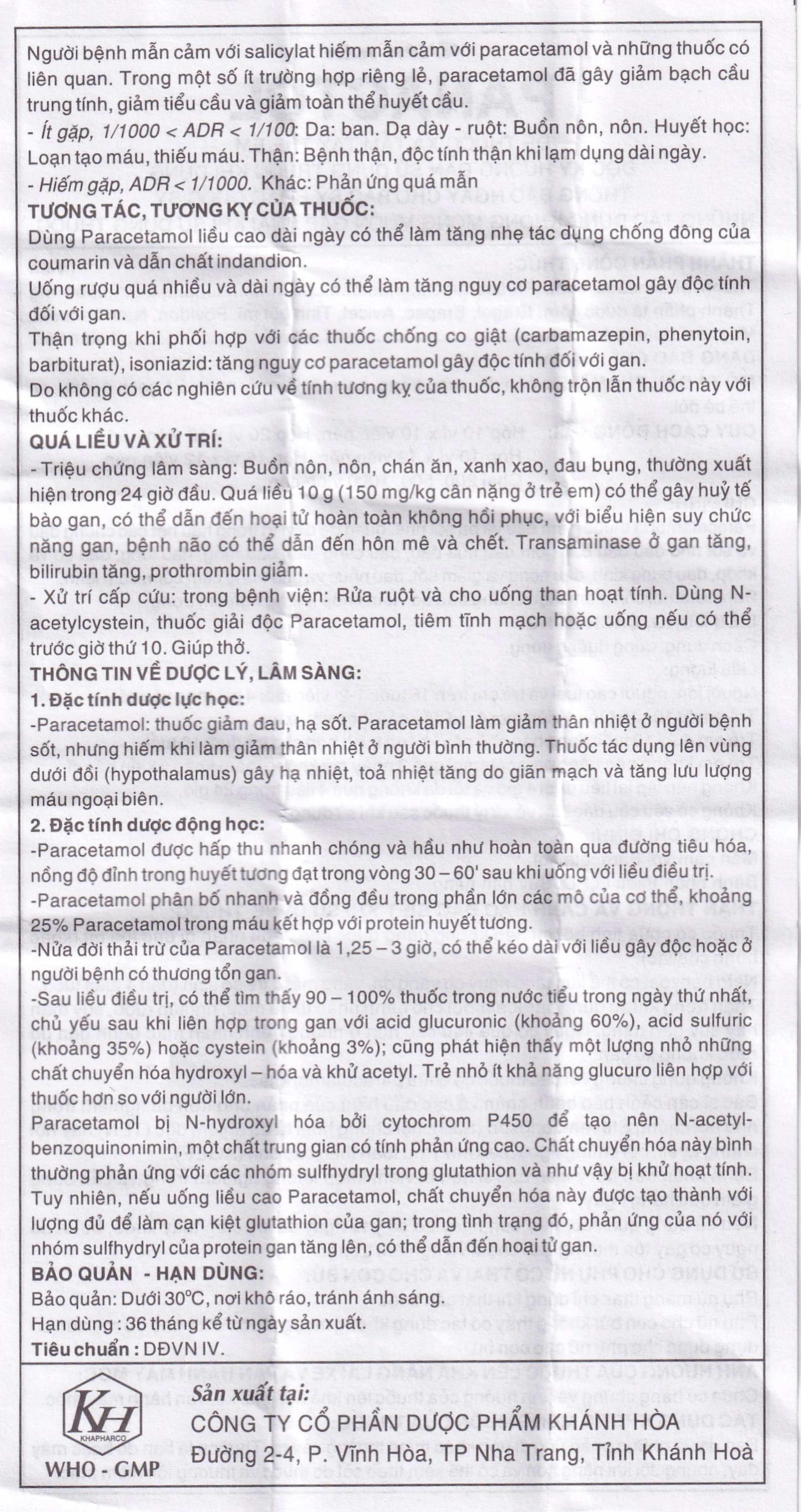 Viên nén Panactol 500mg Khapharco giảm đau, hạ sốt, điều trị đau đầu, đau răng (10 vỉ x 10 viên)